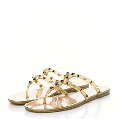 Valentino Garavani PVC Jelly Glitter Rockstud Caged Flat Thong Sandals 39 Oro 3 of 7