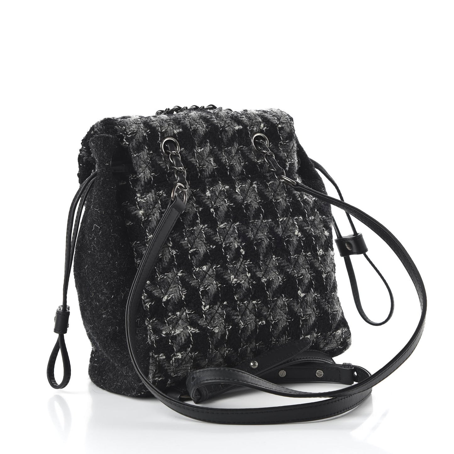 Tweed Drawstring Backpack Black Grey White