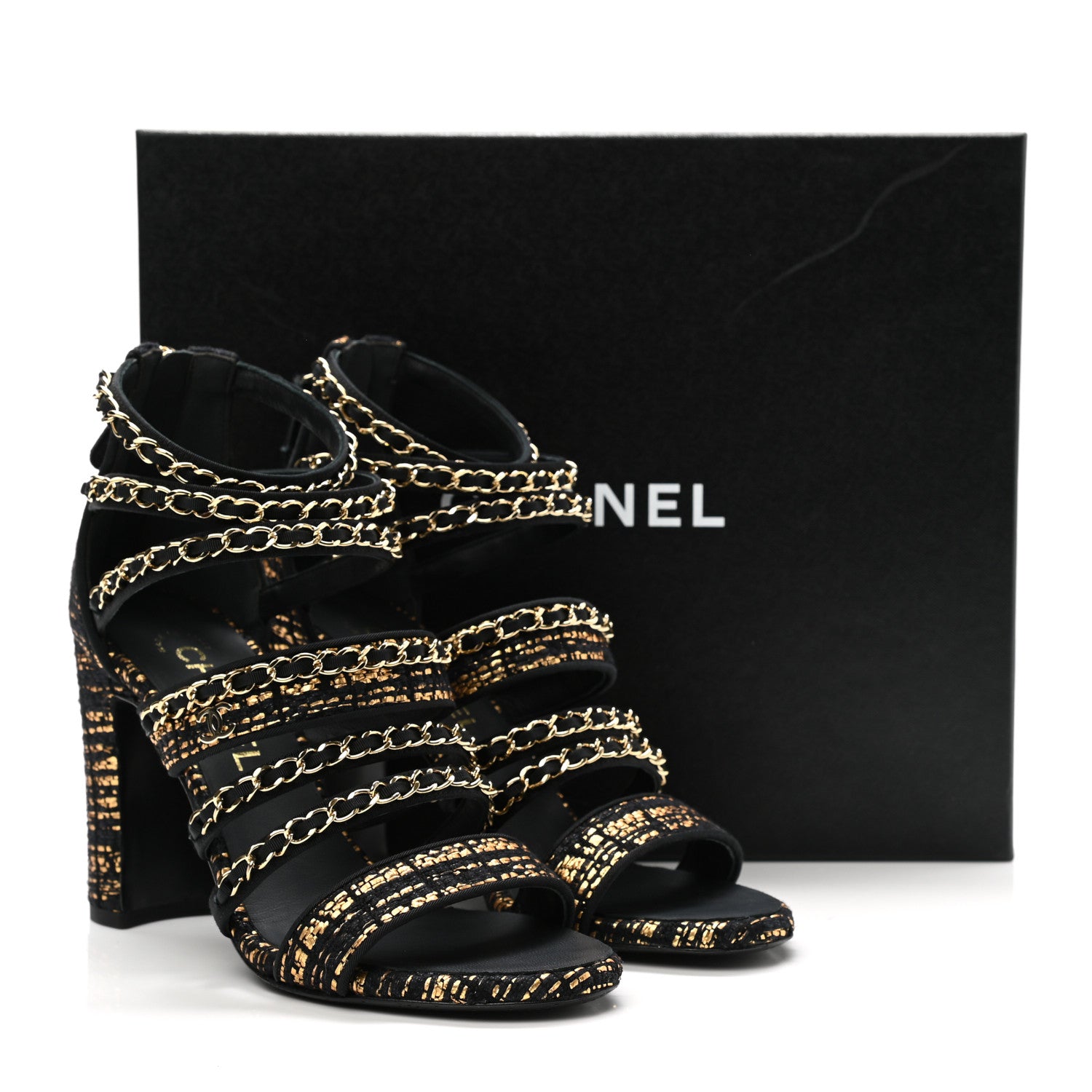 Chanel Metallic Tweed Gladiator Chain Sandals 38.5 Black Gold 9 of 9