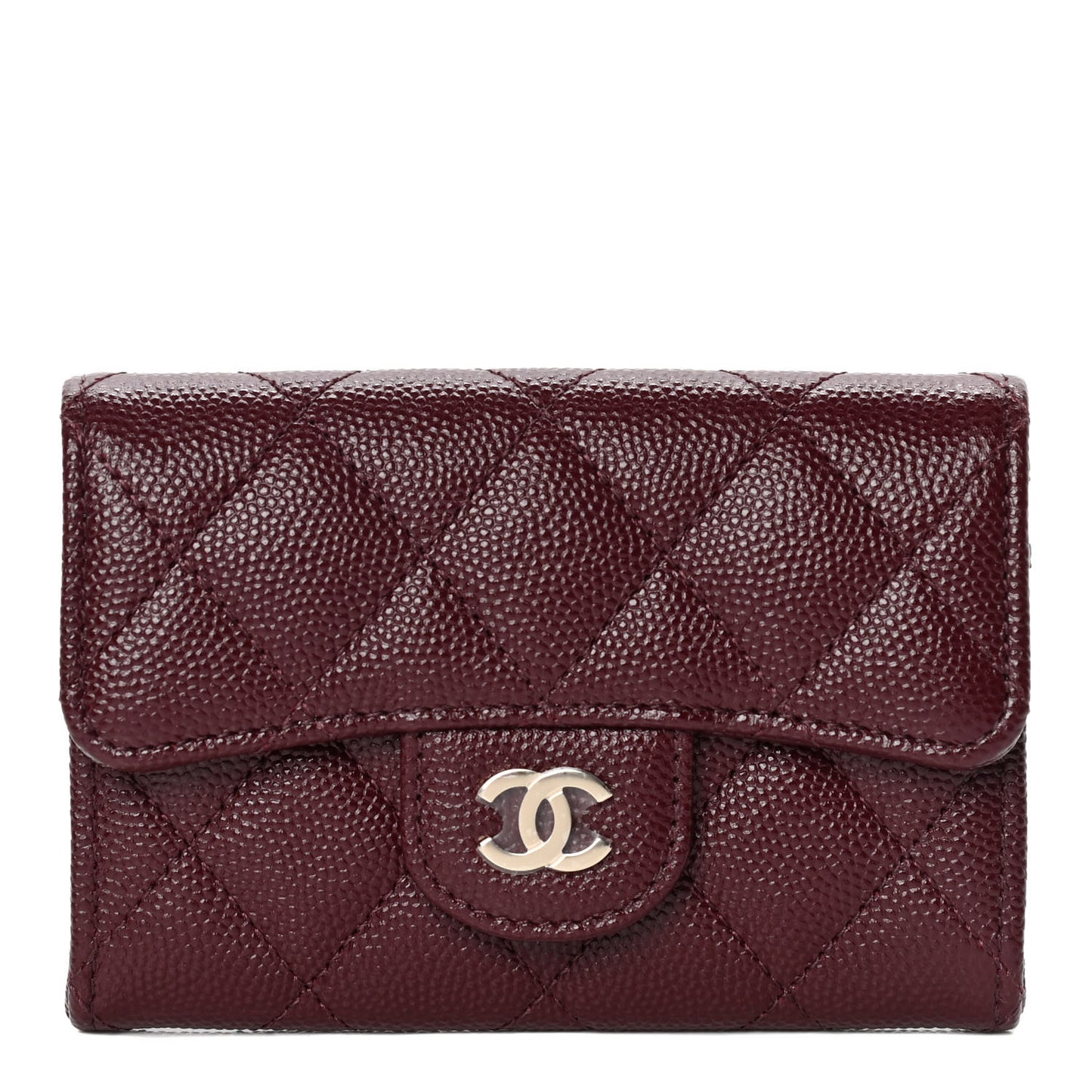 Caviar Quilted Flap Card Holder Wallet Burgundy