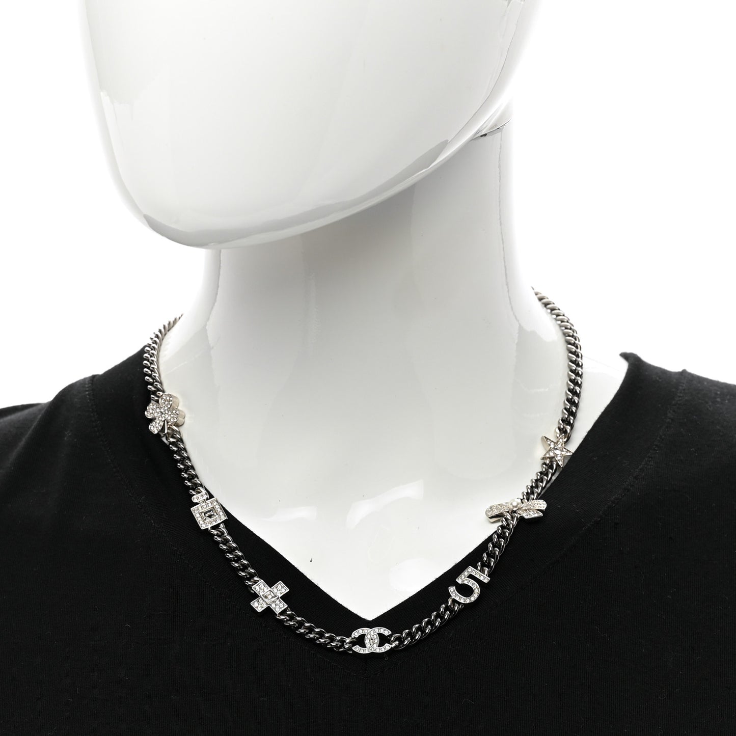 Pearl Crystal CC No 5 Perfume Bottle Choker Necklace Silver