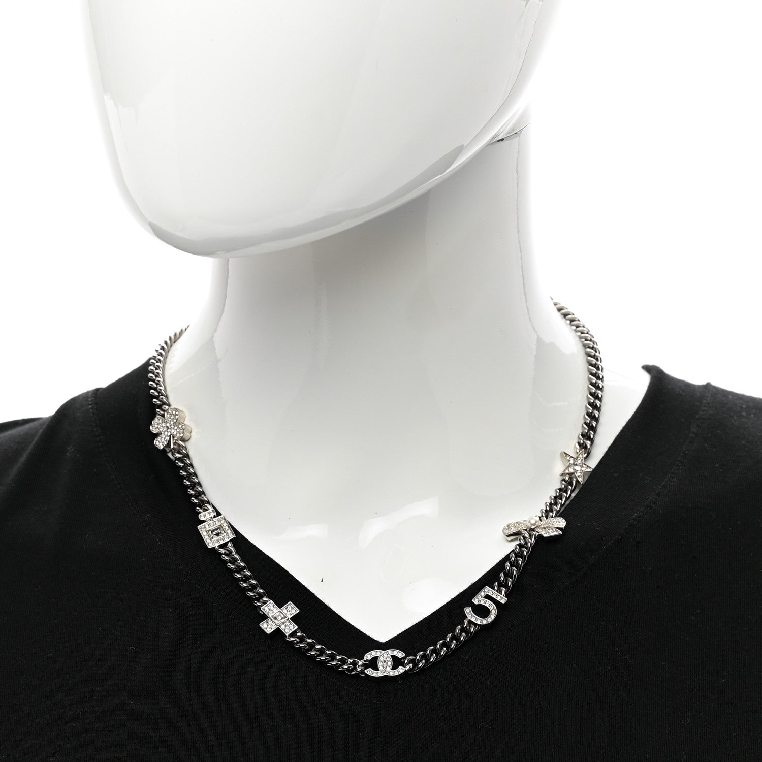 Chanel Pearl Crystal CC No 5 Perfume Bottle Choker Necklace Silver 2 of 4