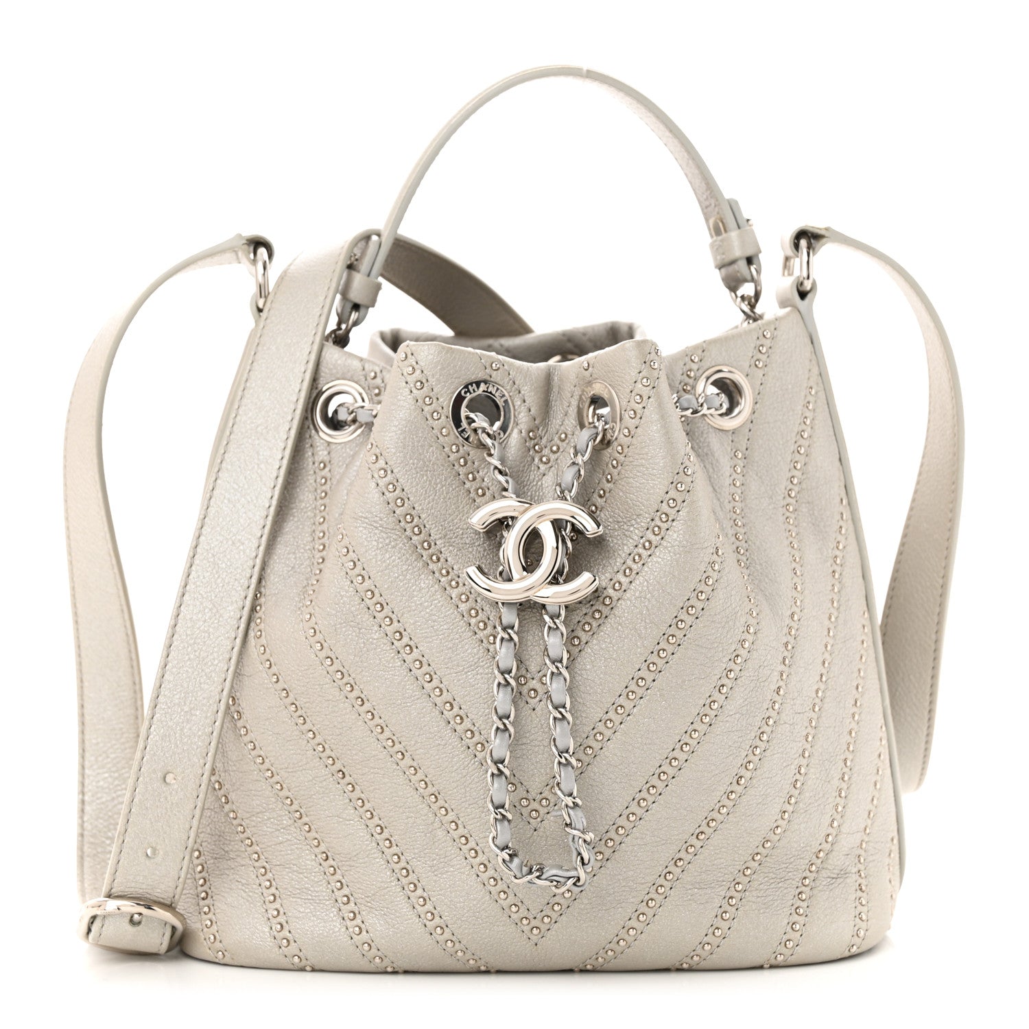 Chanel Metallic Calfskin Studded Chevron Quilted Small Stud Wars Drawstring Bag Silver 1 of 11