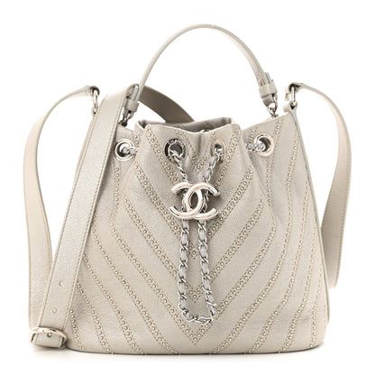 Chanel Metallic Calfskin Studded Chevron Quilted Small Stud Wars Drawstring Bag Silver 1 of 11