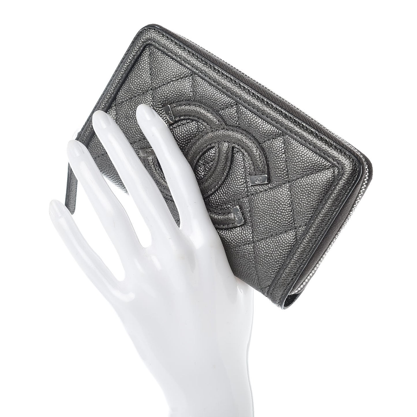 Metallic Caviar Quilted Medium Filigree Zip Around Wallet Dark Silver