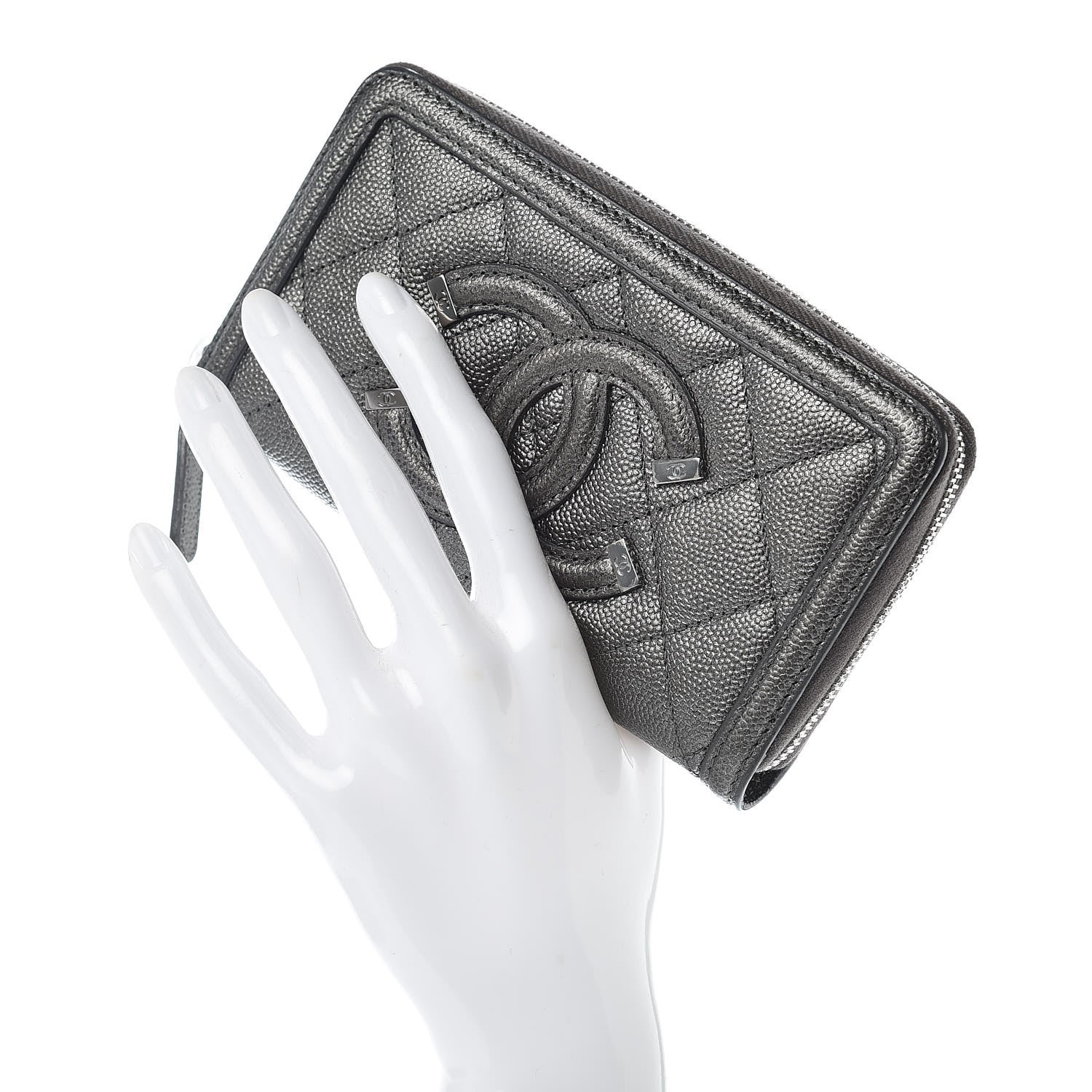 Chanel Metallic Caviar Quilted Medium Filigree Zip Around Wallet Dark Silver 2 of 8