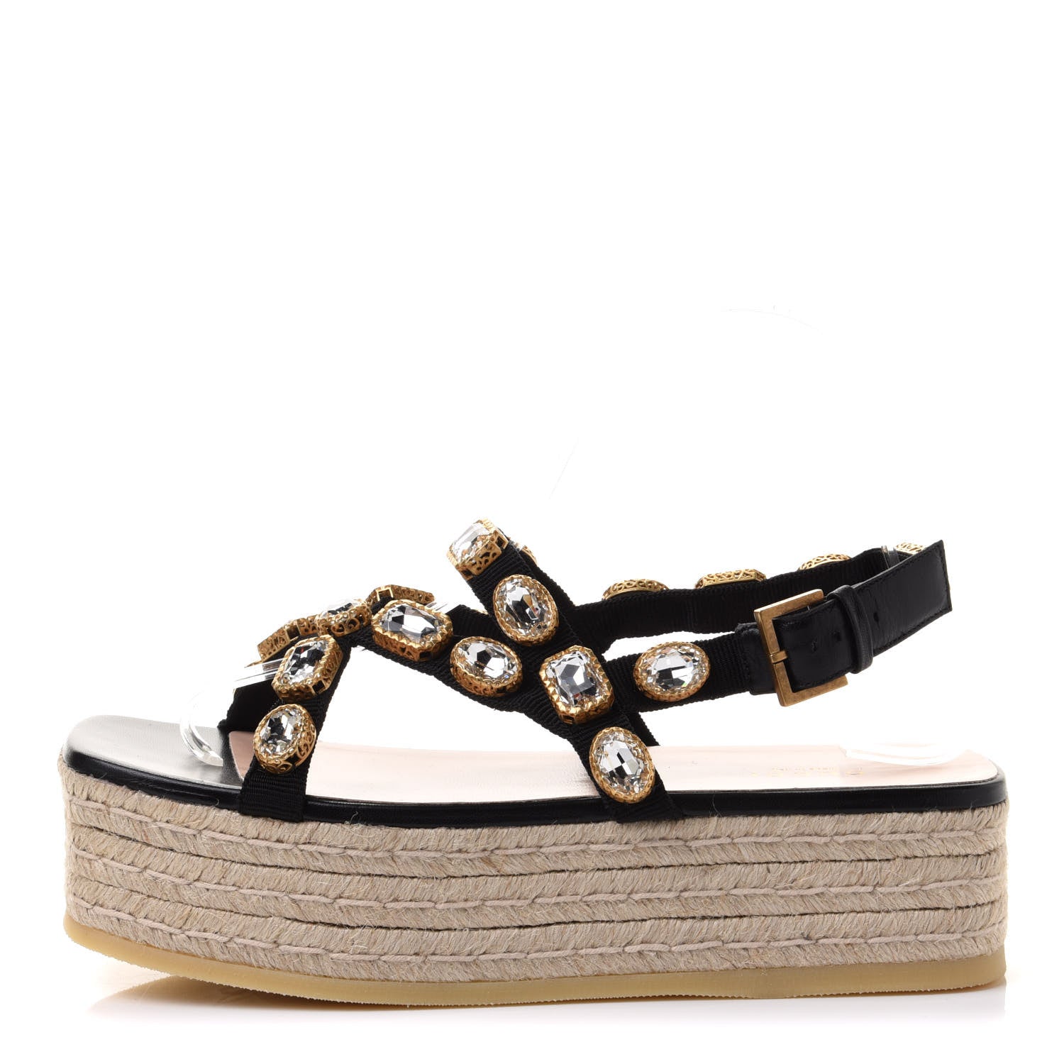 Gucci Grosgrain Crystal Perta Espadrille Platform Sandals 38.5 Black 1 of 9