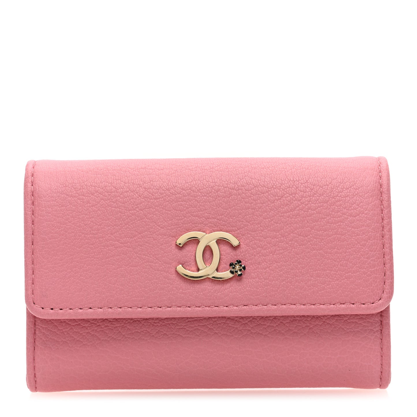 Goatskin Camellia CC Flap Card Holder Pink Black