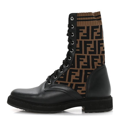 Fendi Calfskin Stretch Fabric FF Rockoko Biker Boots 40 Black Tobacco 1 of 7