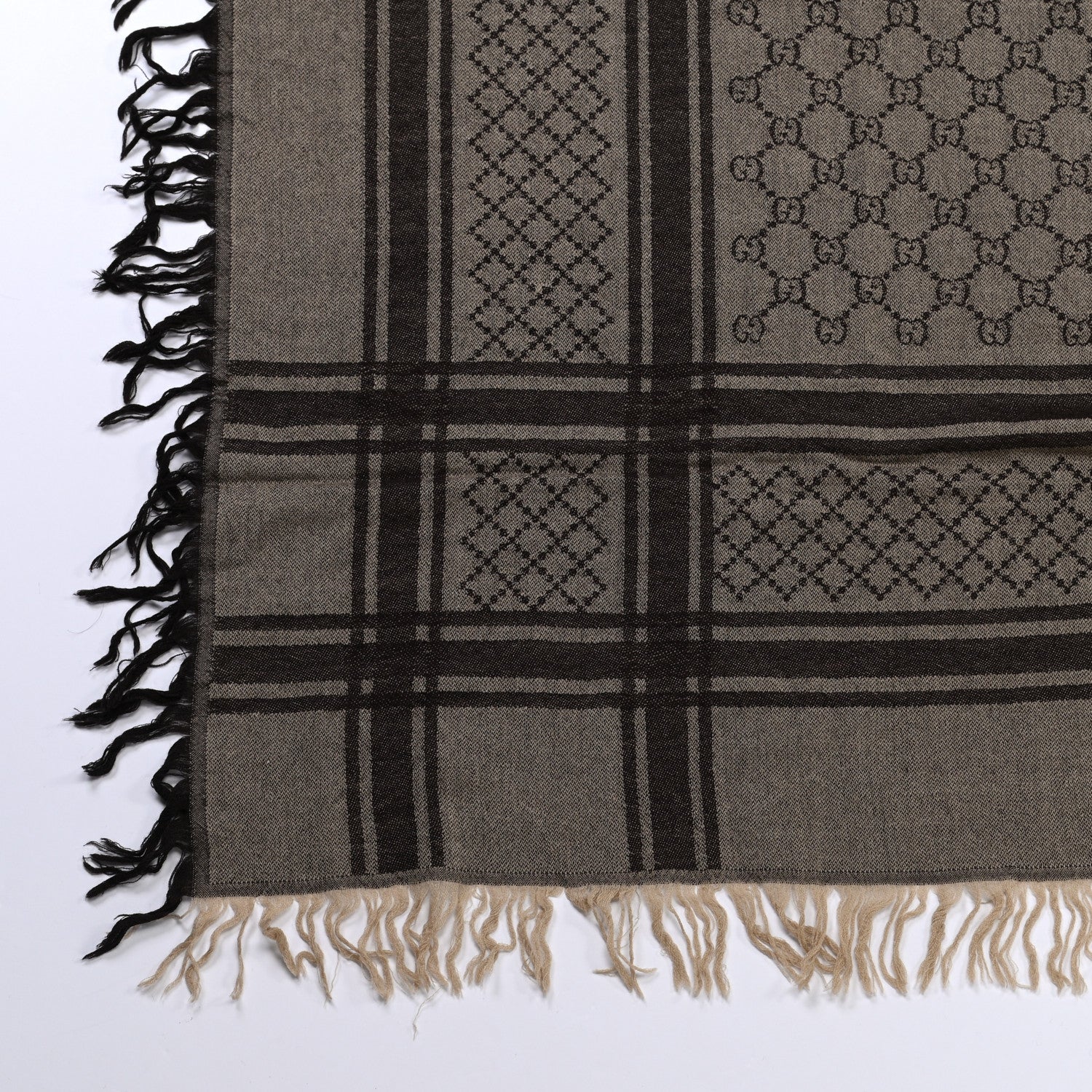 Gucci Wool Silk GG Monogram Diamante Plaid Surviee Shawl Beige Dark Brown 2 of 4