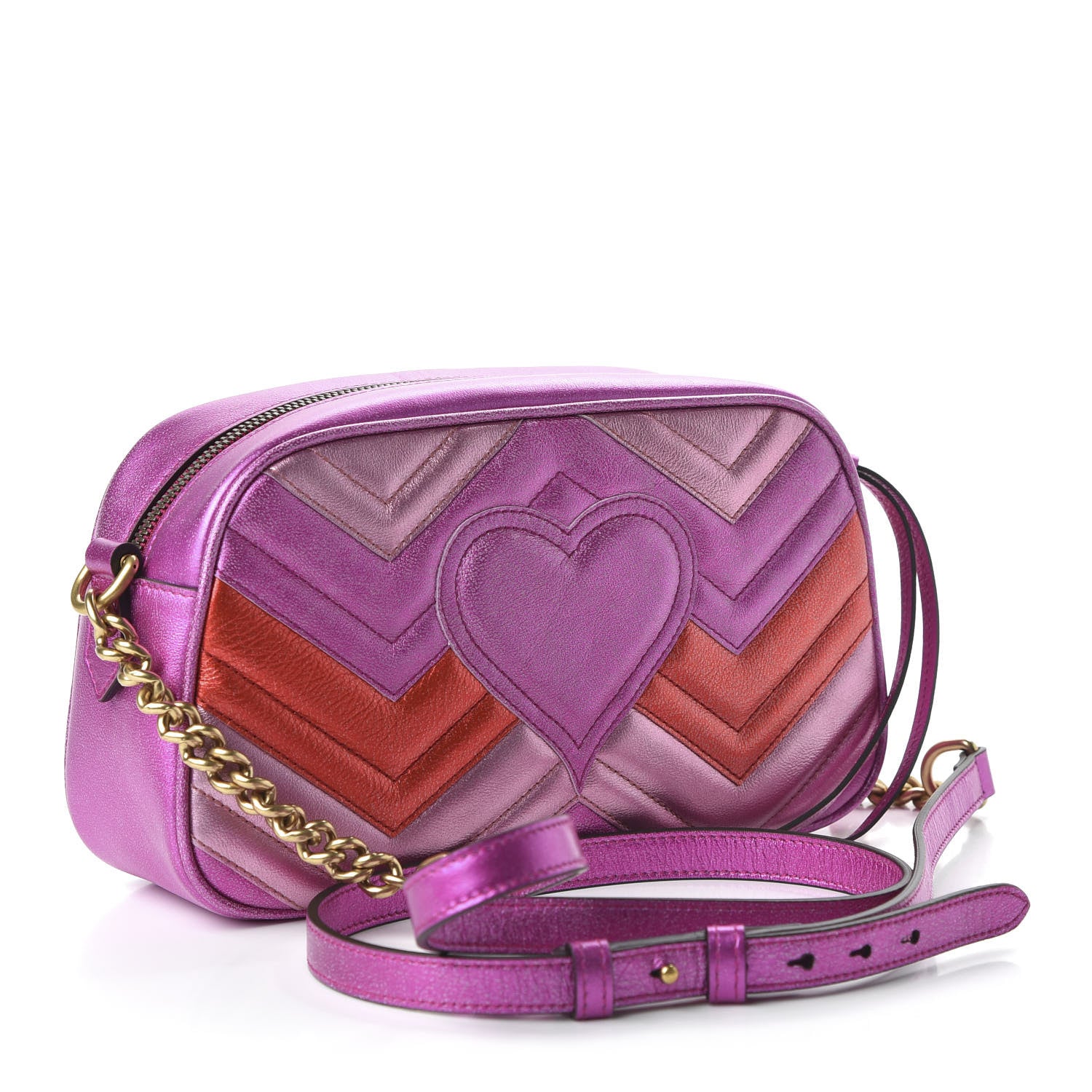 Gucci Laminated Nappa Matelasse Small GG Marmont Chain Shoulder Bag Fuxia Rosso Rosa 3 of 10