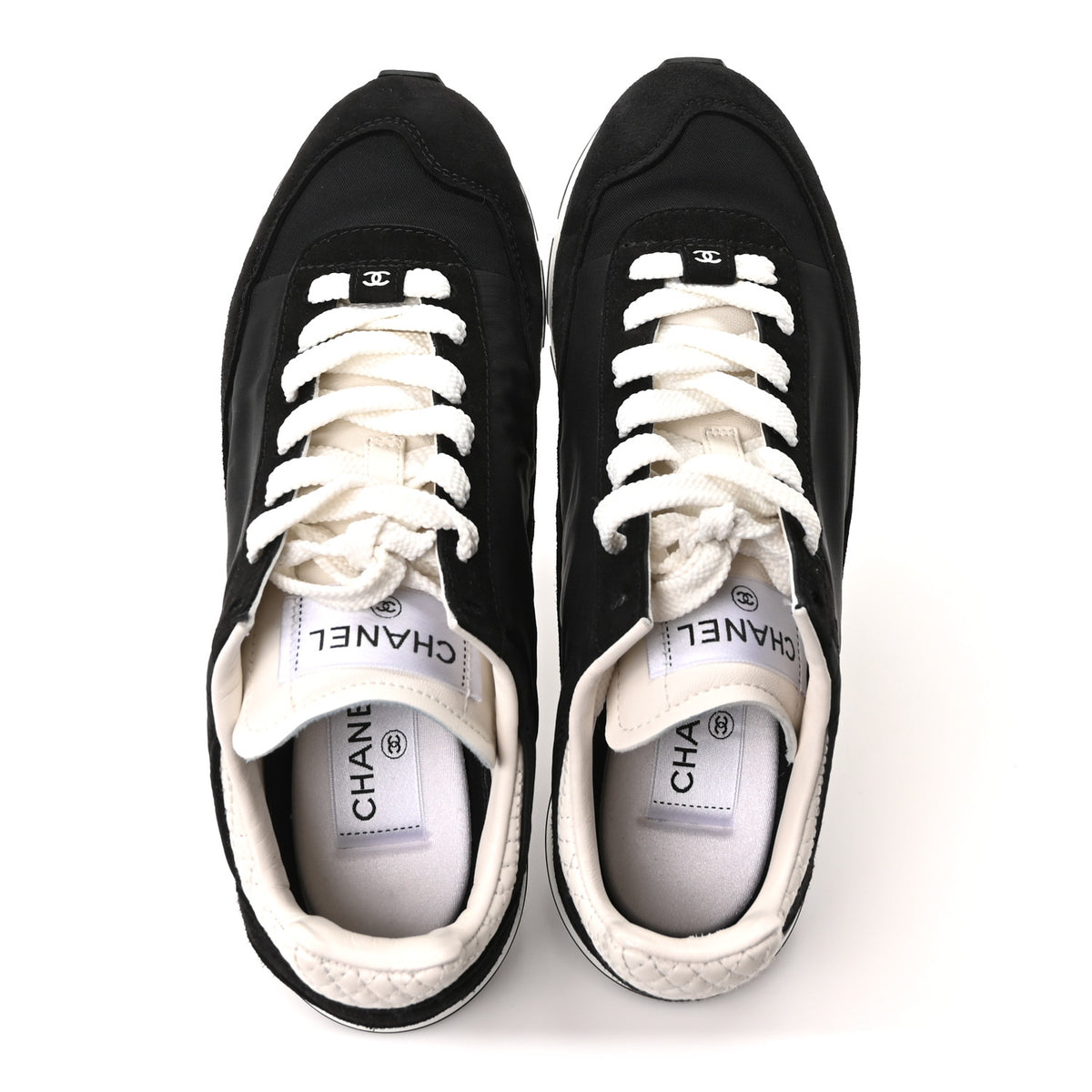 Chanel Nylon Suede Kidskin Calfskin Logo Sneakers 38 Black White 2 of 10