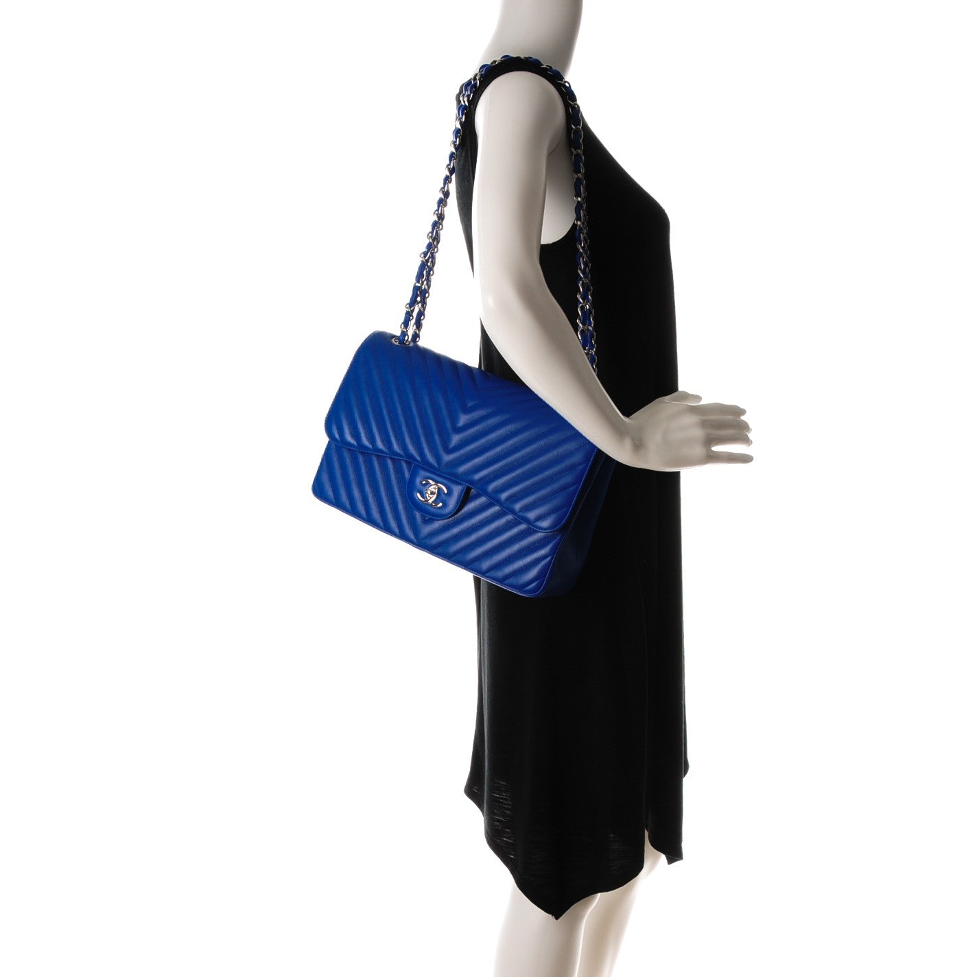 Caviar Chevron Quilted Jumbo Double Flap Bright Blue