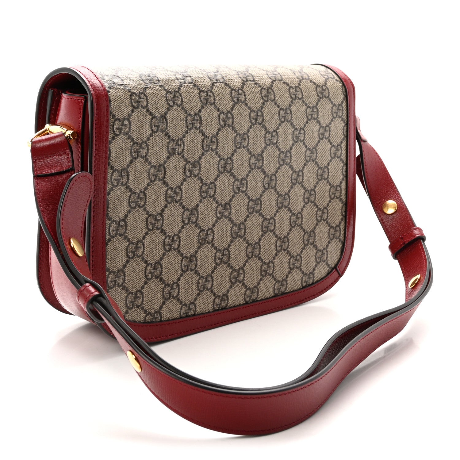 Gucci GG Supreme Monogram Azalea Calfskin Horsebit 1955 Shoulder Bag Beige Ebony New Cherry Red 3 of 10
