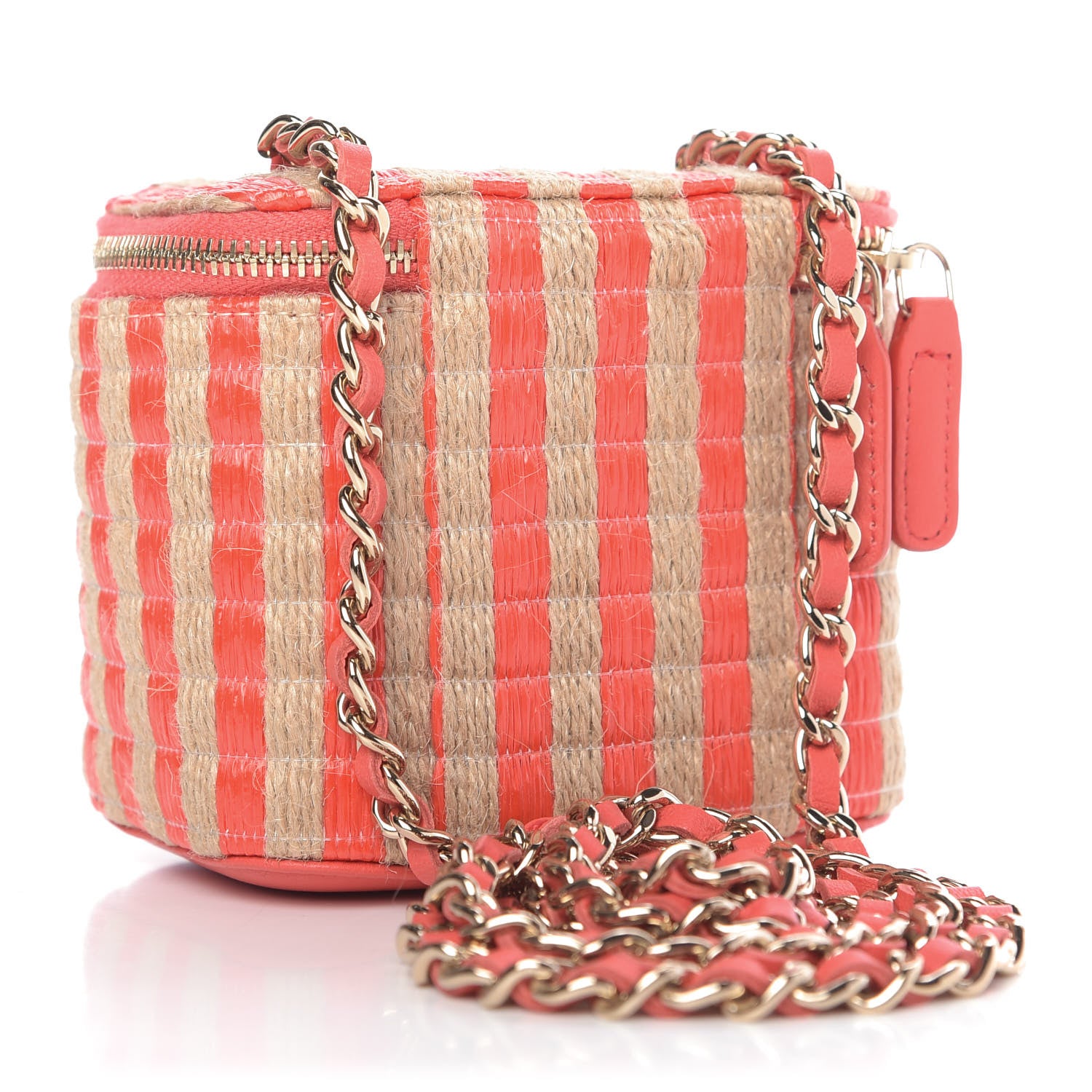 Chanel Raffia Jute Striped Mini Vanity Case With Chain Red Beige 3 of 10