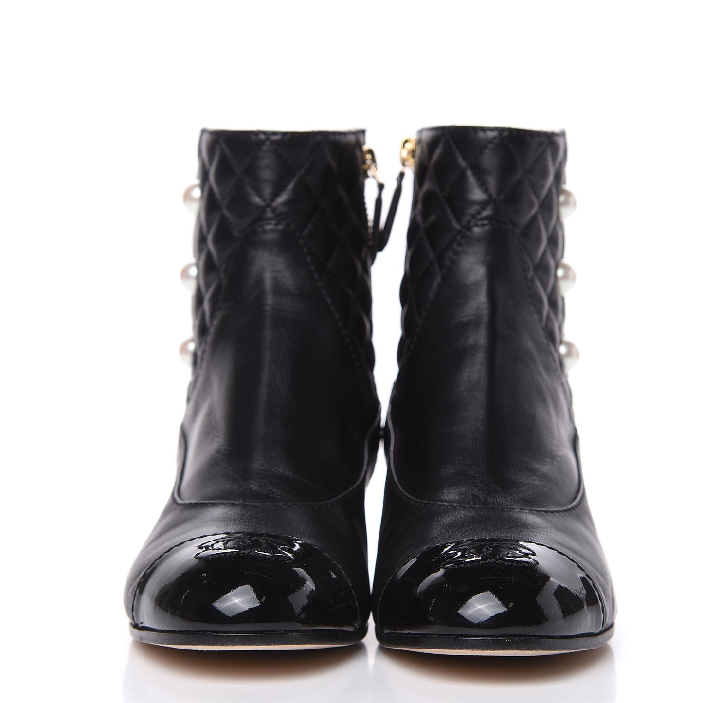 Lambskin Patent Calfskin Quilted Pearl Cap Toe Boots 36.5 Black