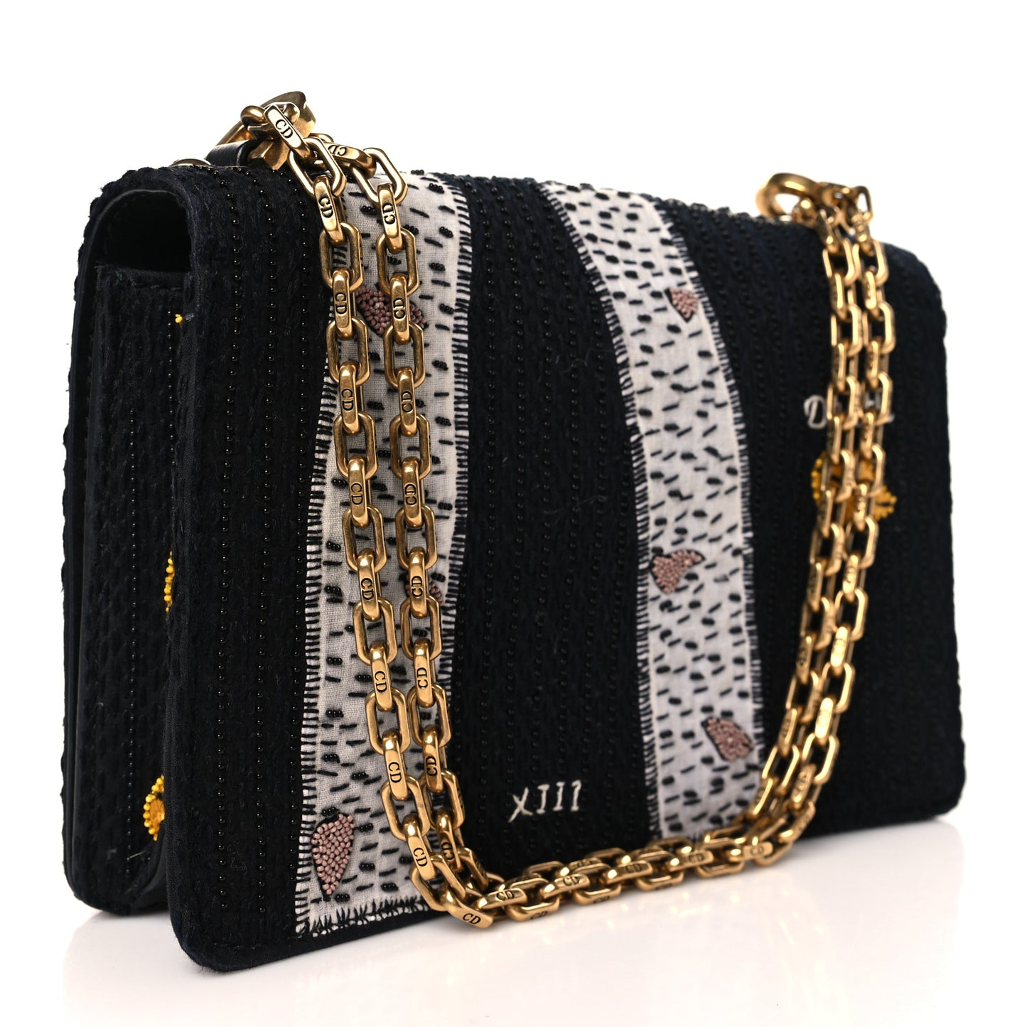 Canvas Embroidered Tarot J'Adior Chain Flap Bag Black Multicolor