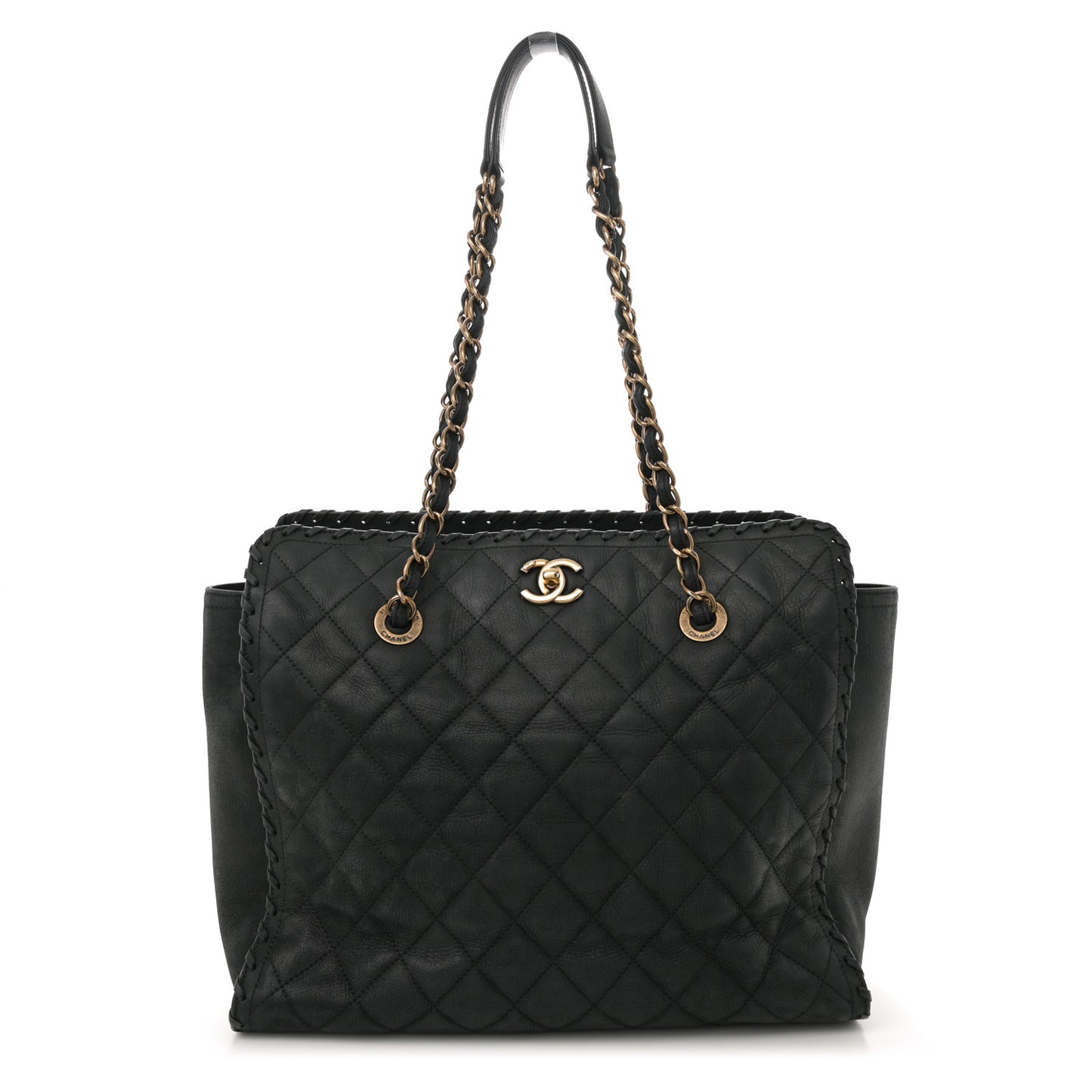 Iridescent Calfskin Quilted Happy Stitch Shopping Tote Black