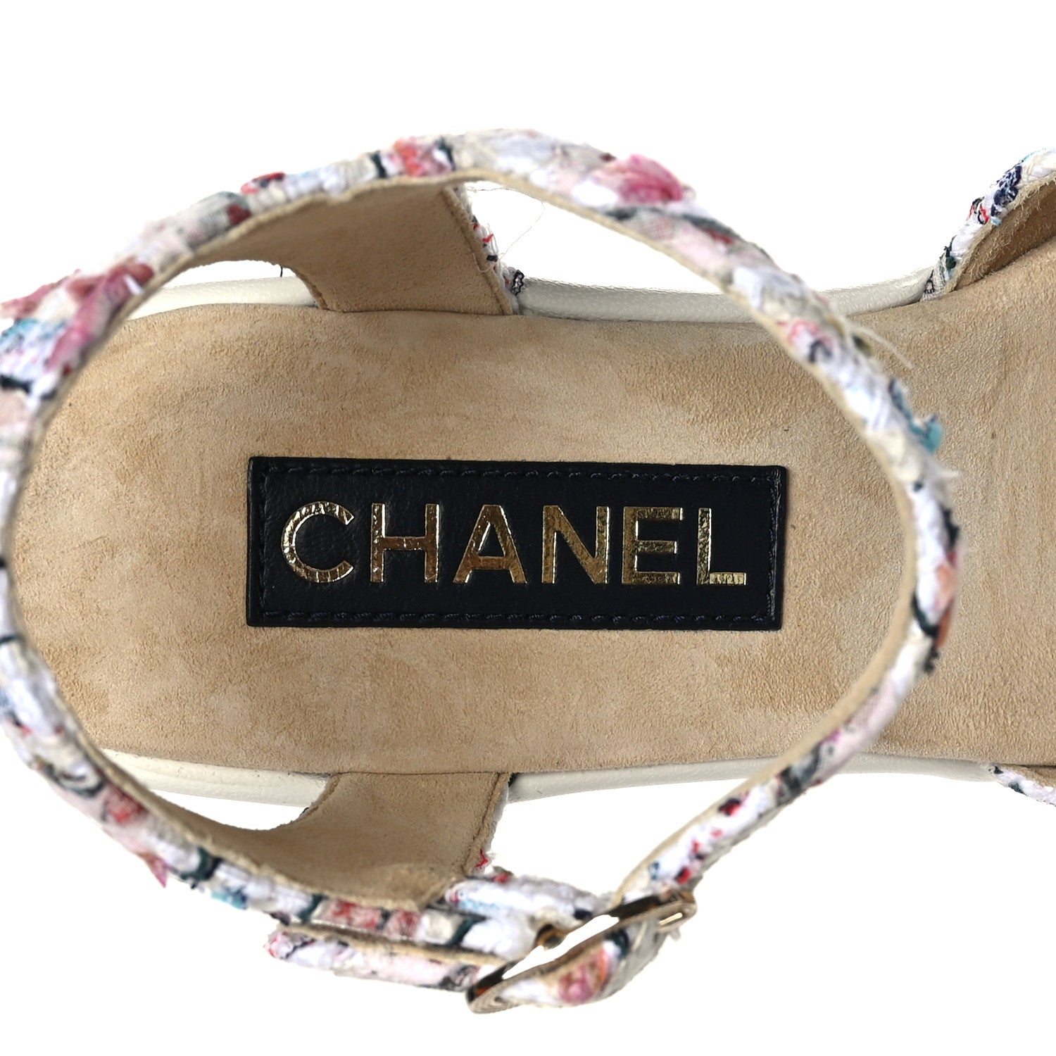 Chanel Tweed Cork CC Wedge Sandals 39 Ecru Pink Blue Green 6 of 7