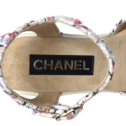 Chanel Tweed Cork CC Wedge Sandals 39 Ecru Pink Blue Green 6 of 7