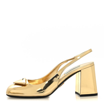 Prada Metallic Patent Triangle Logo Slingback Pumps 38 Platino 1 of 8