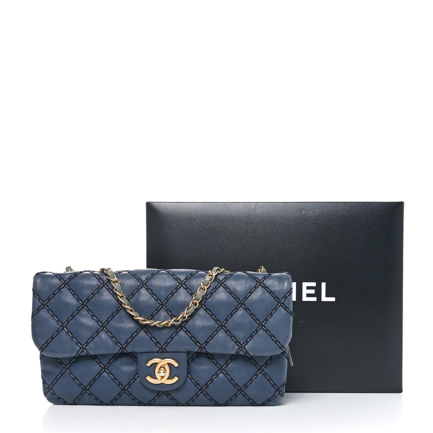 Calfskin Quilted Chic Stitch Flap Blue