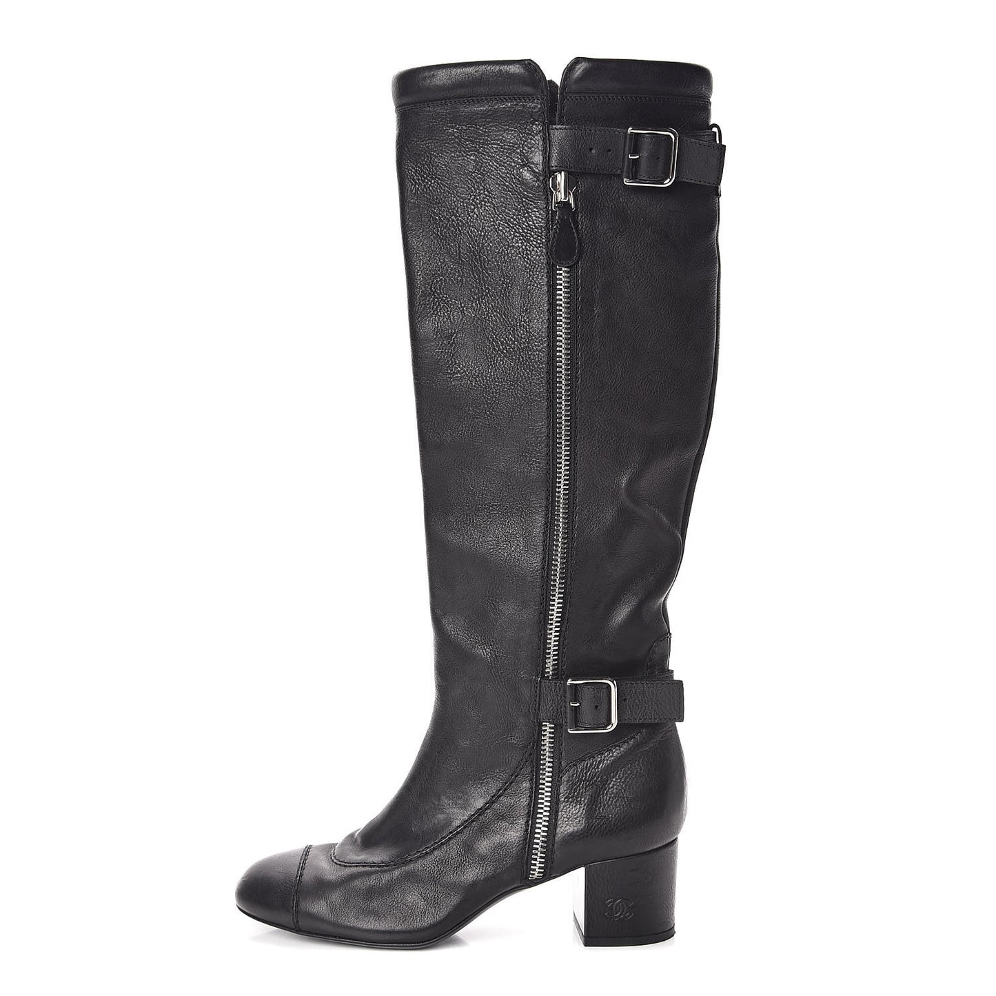 Calfskin Zipper Buckle Knee High Tall Boots 41 Black