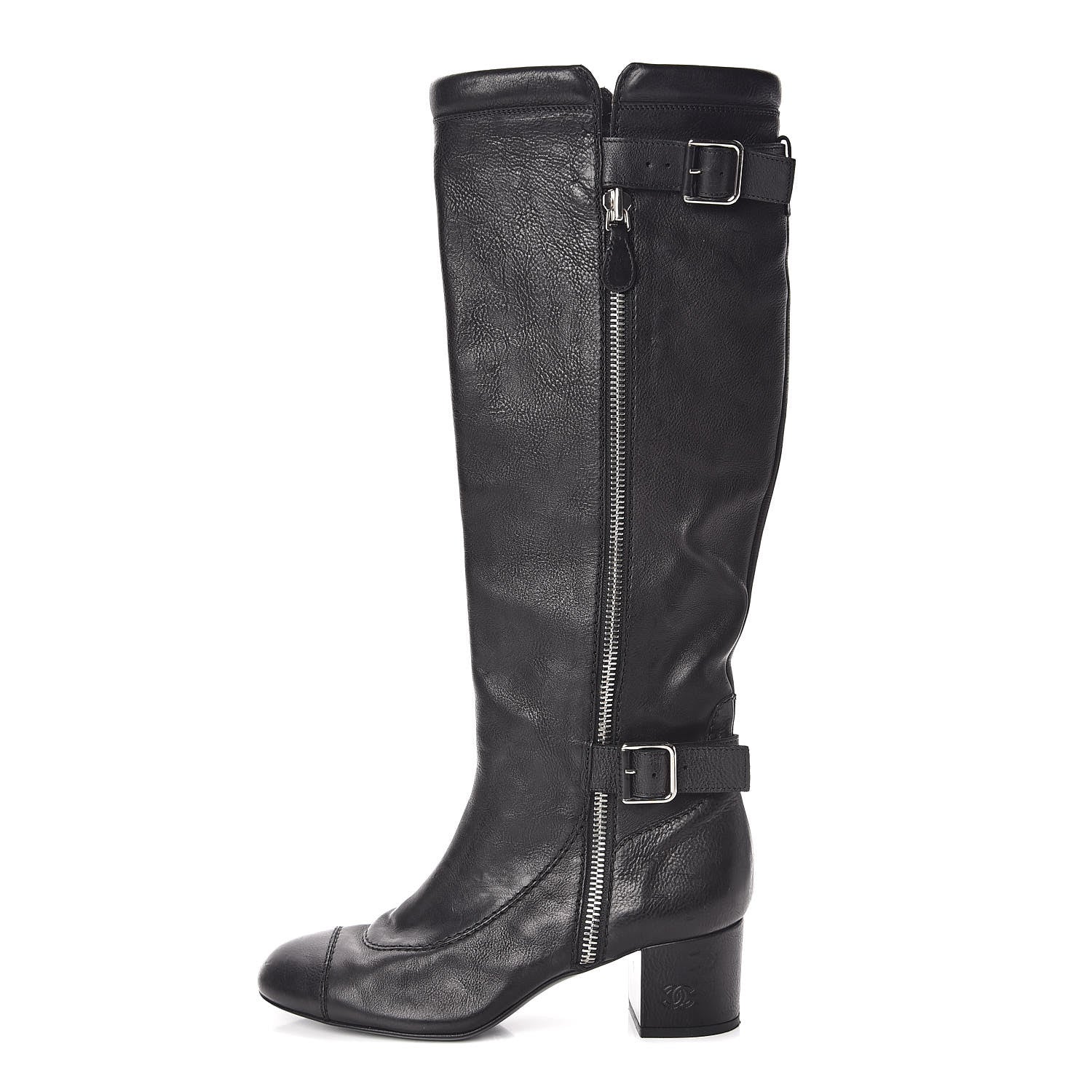 Chanel Calfskin Zipper Buckle Knee High Tall Boots 41 Black 1 of 9