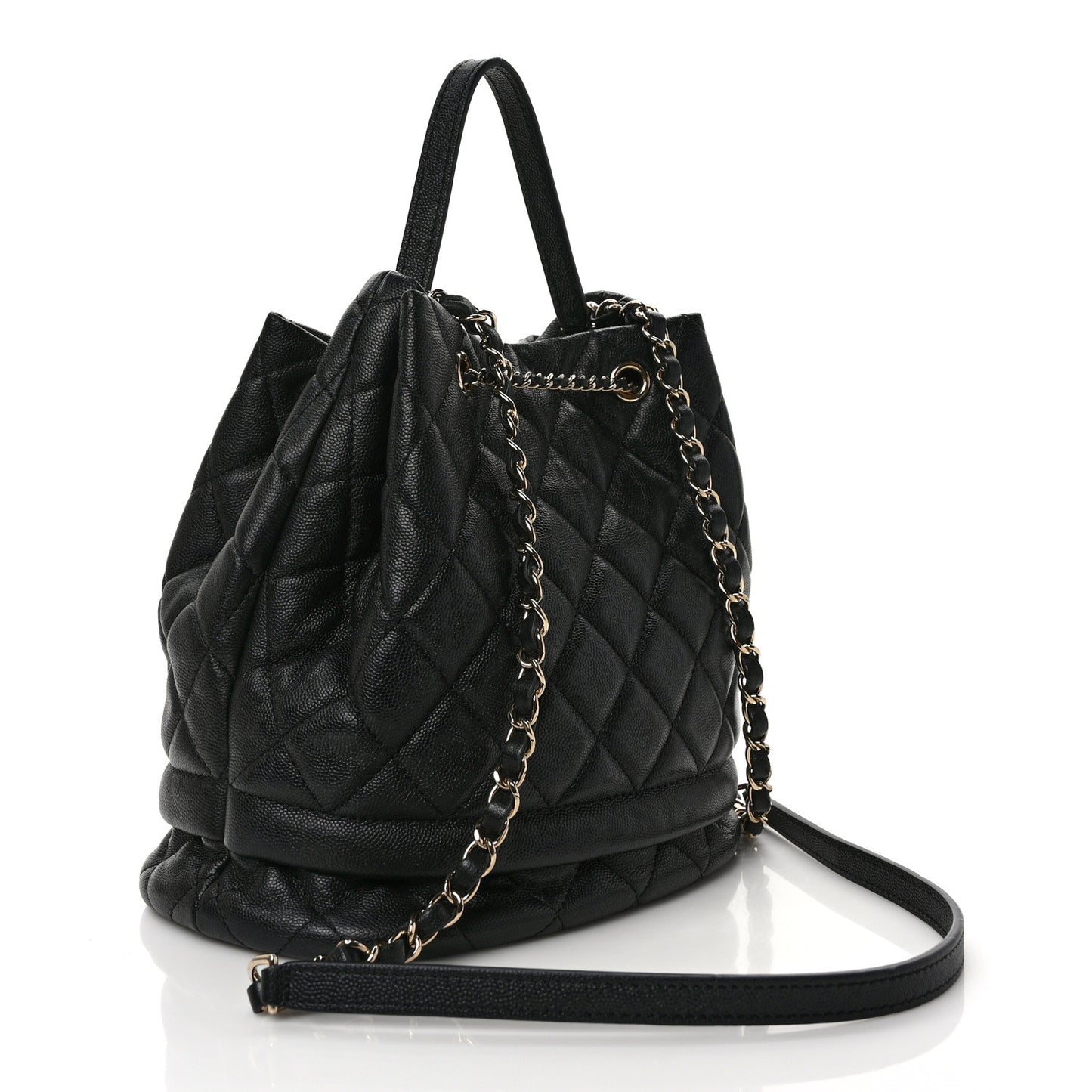 Caviar Quilted Large Rolled Up Bucket Drawstring Bag Black