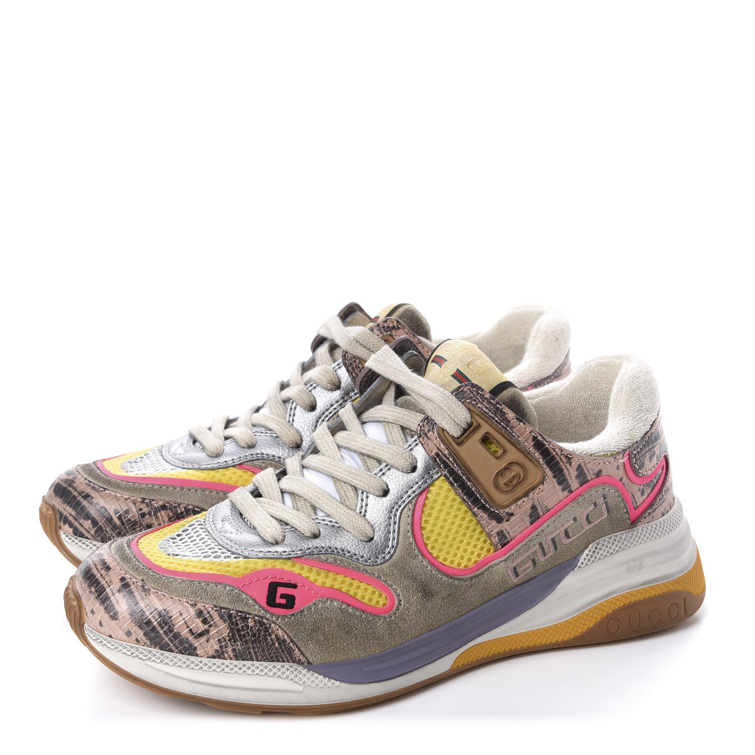 Gucci Suede Calfskin Tejus Printed Womens Ultrapace Sneakers 36.5 Pink Silver Oatmeal Yolk 3 of 10