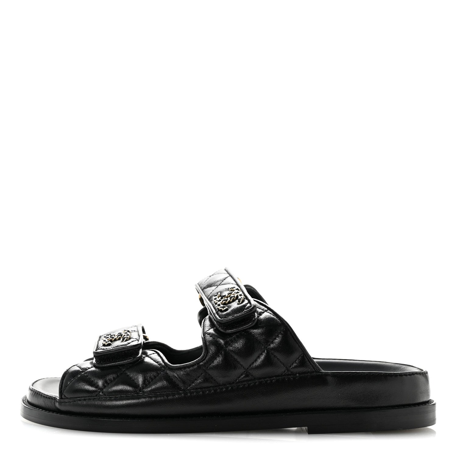 Chanel Lambskin Quilted Velcro Dad Chain CC Slide Sandals 37 Black 1 of 9