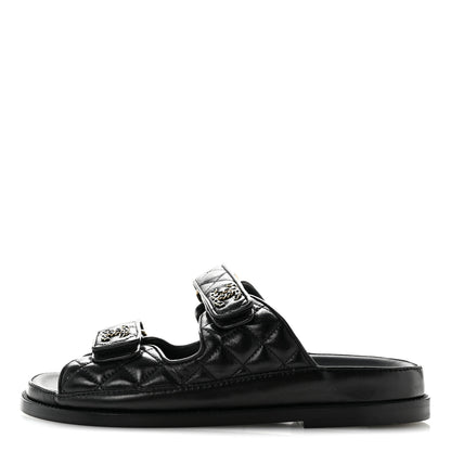 Chanel Lambskin Quilted Velcro Dad Chain CC Slide Sandals 37 Black 1 of 9