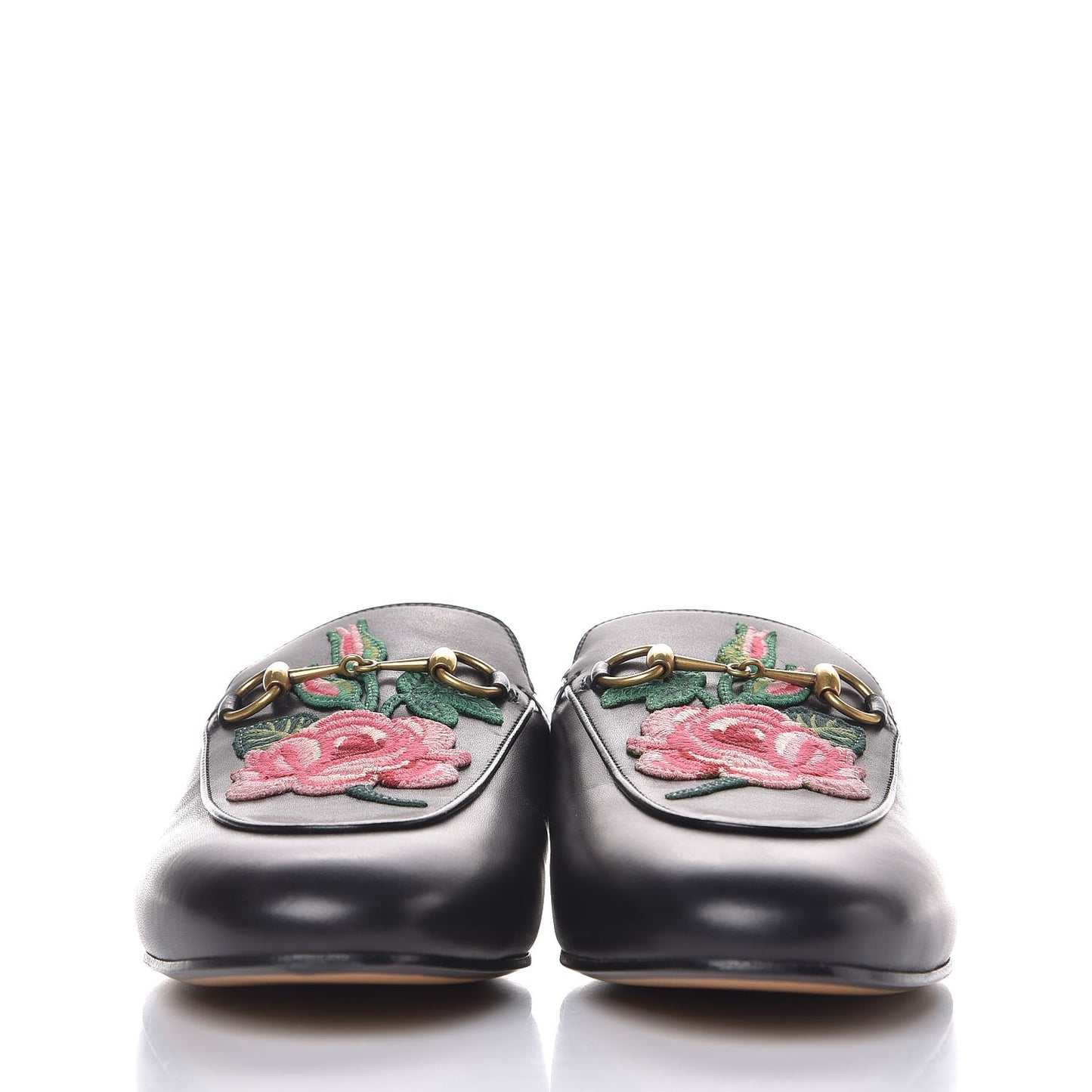 Calfskin Flower Embroidered Princetown Slippers 40 Black