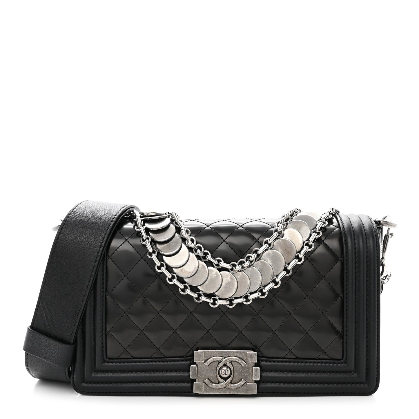 Patent Calfskin Quilted Paris Bombay Medallion Embellished Medium Boy Flap Black