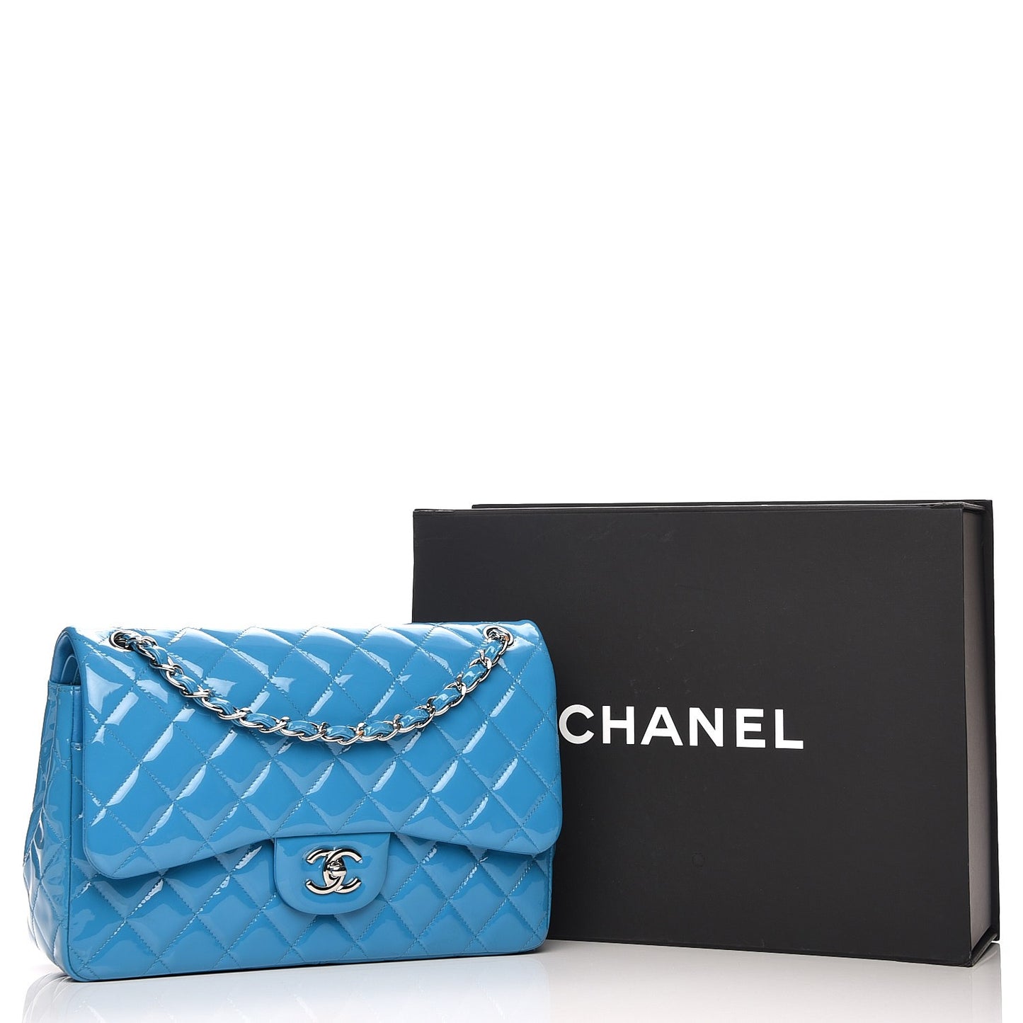 Patent Calfskin Quilted Jumbo Double Flap Turquoise