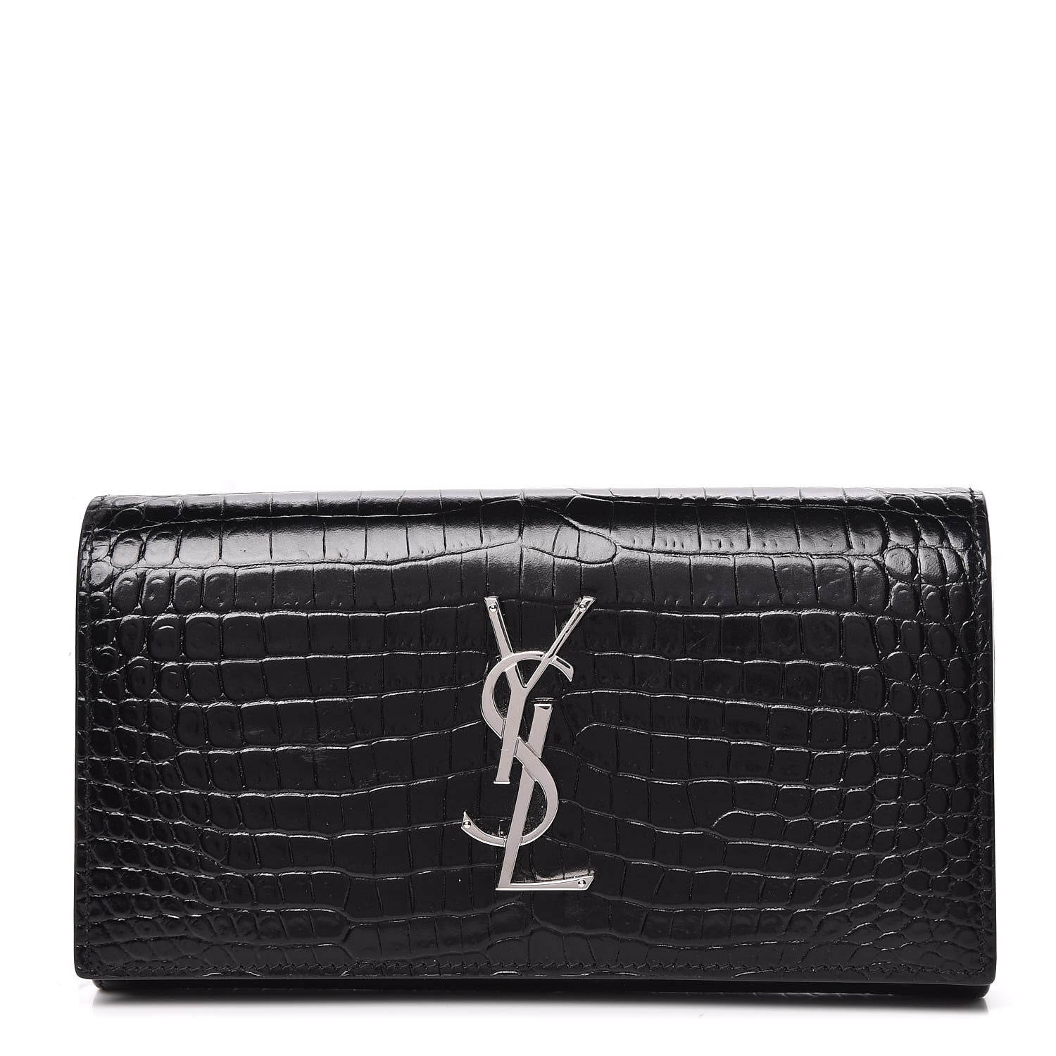 Saint Laurent Calfskin Crocodile Embossed Classic Monogram Cassandre Wallet Black 1 of 12