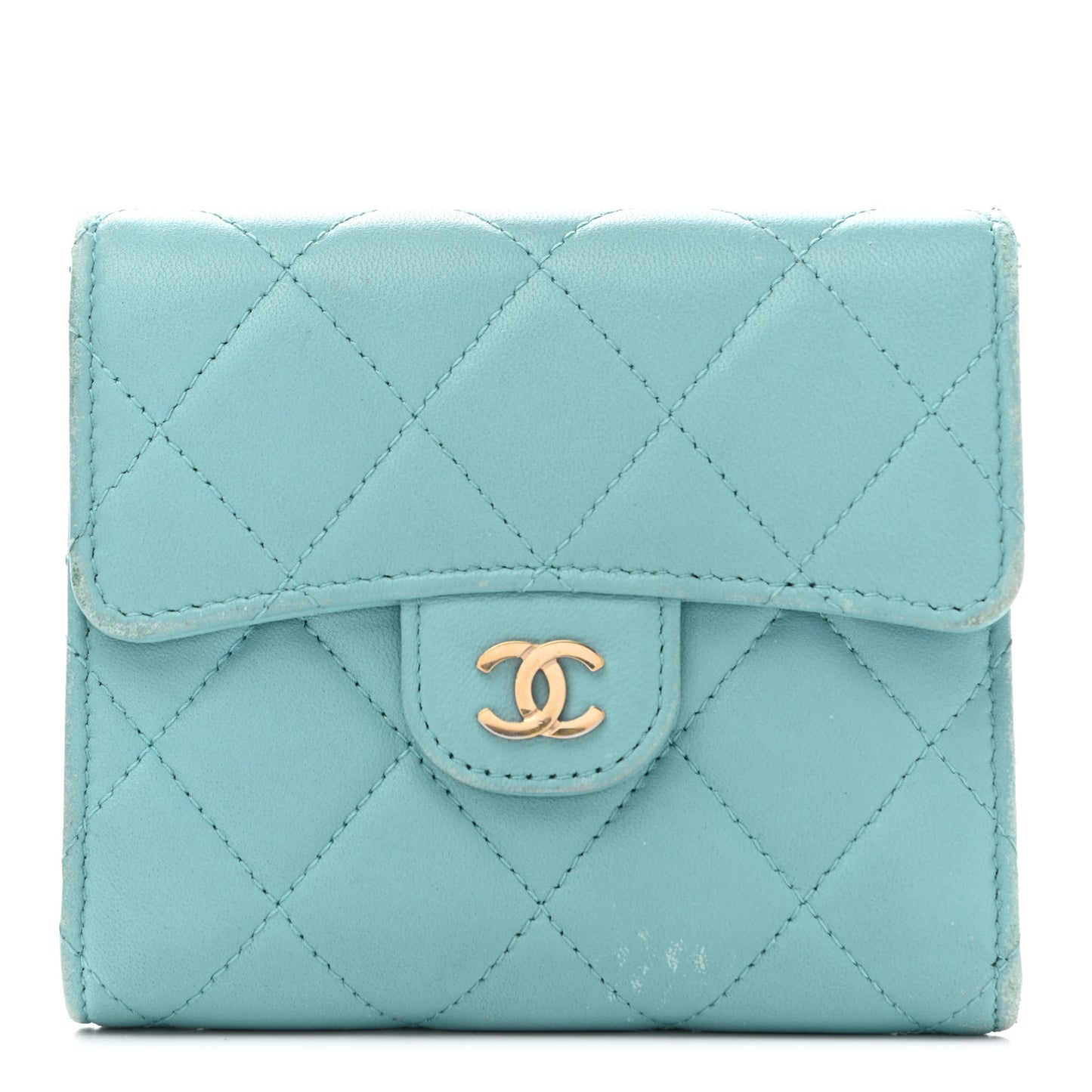 Lambskin Quilted Compact Flap Wallet Light Blue