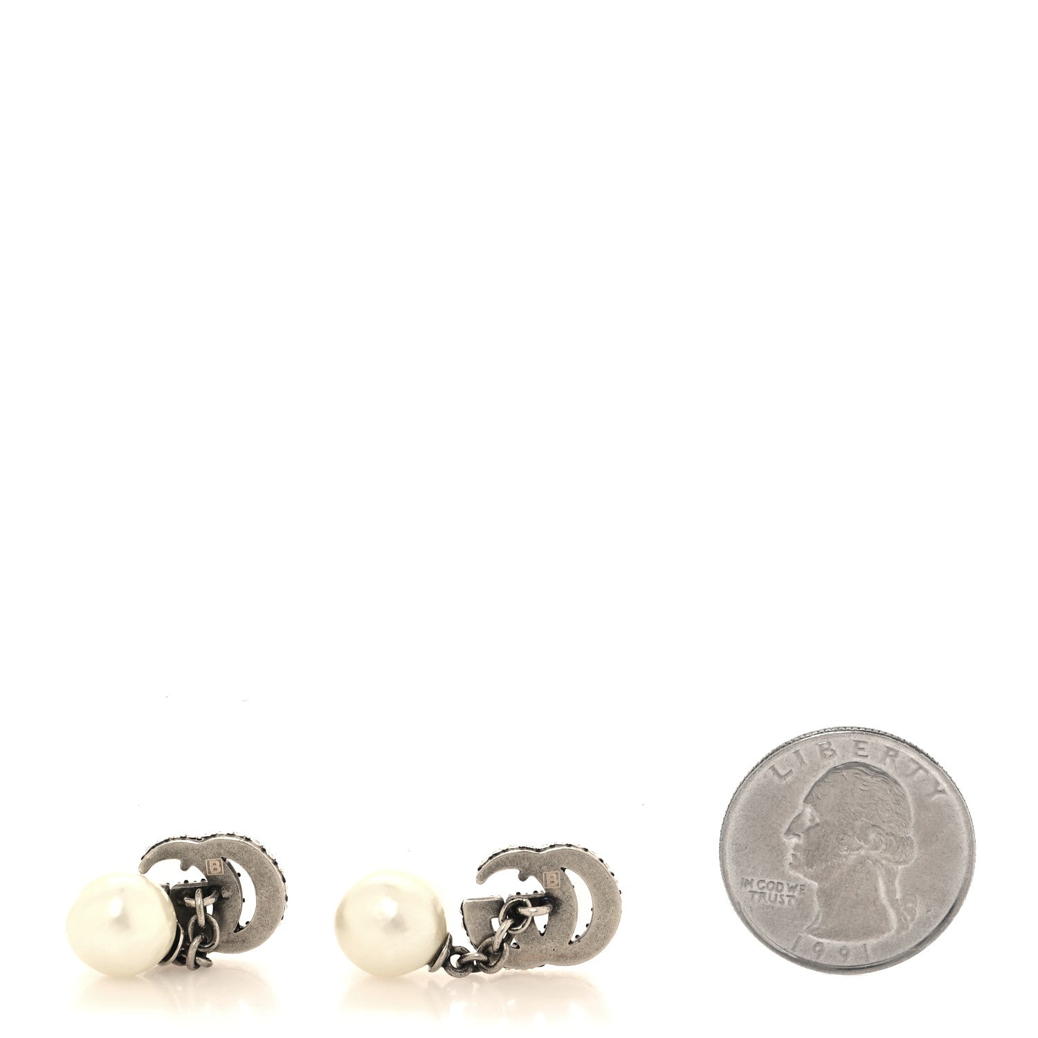 Gucci Metal Crystal Pearl Interlocking G Cufflinks Silver 2 of 3