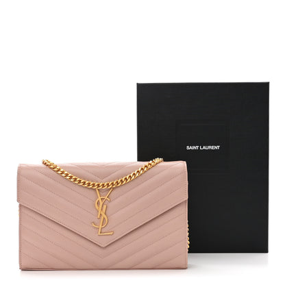 Saint Laurent Grain De Poudre Matelasse Chevron Monogram Chain Wallet Pale Pink 3 of 11