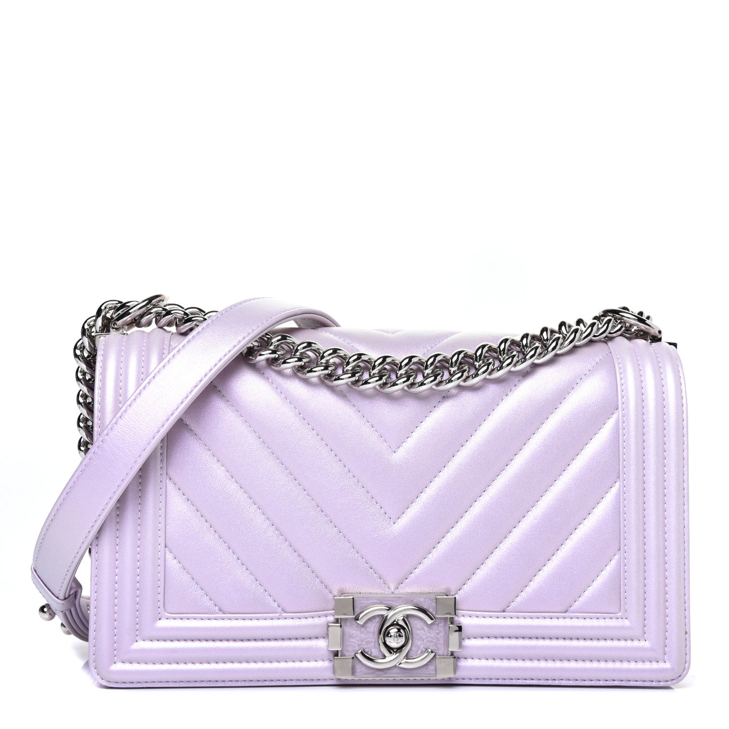 Metallic Lambskin Chevron Quilted Medium Boy Flap Purple