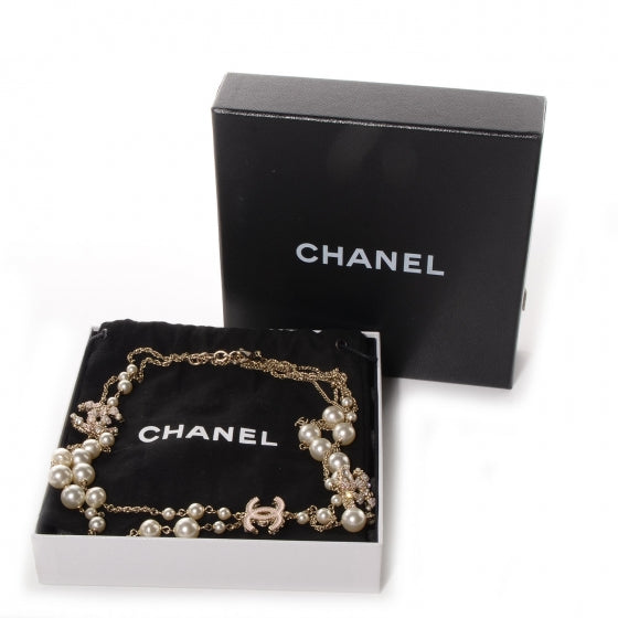 Chanel Crystal Pearl Enamel Camellia CC Long Necklace Gold 5 of 6