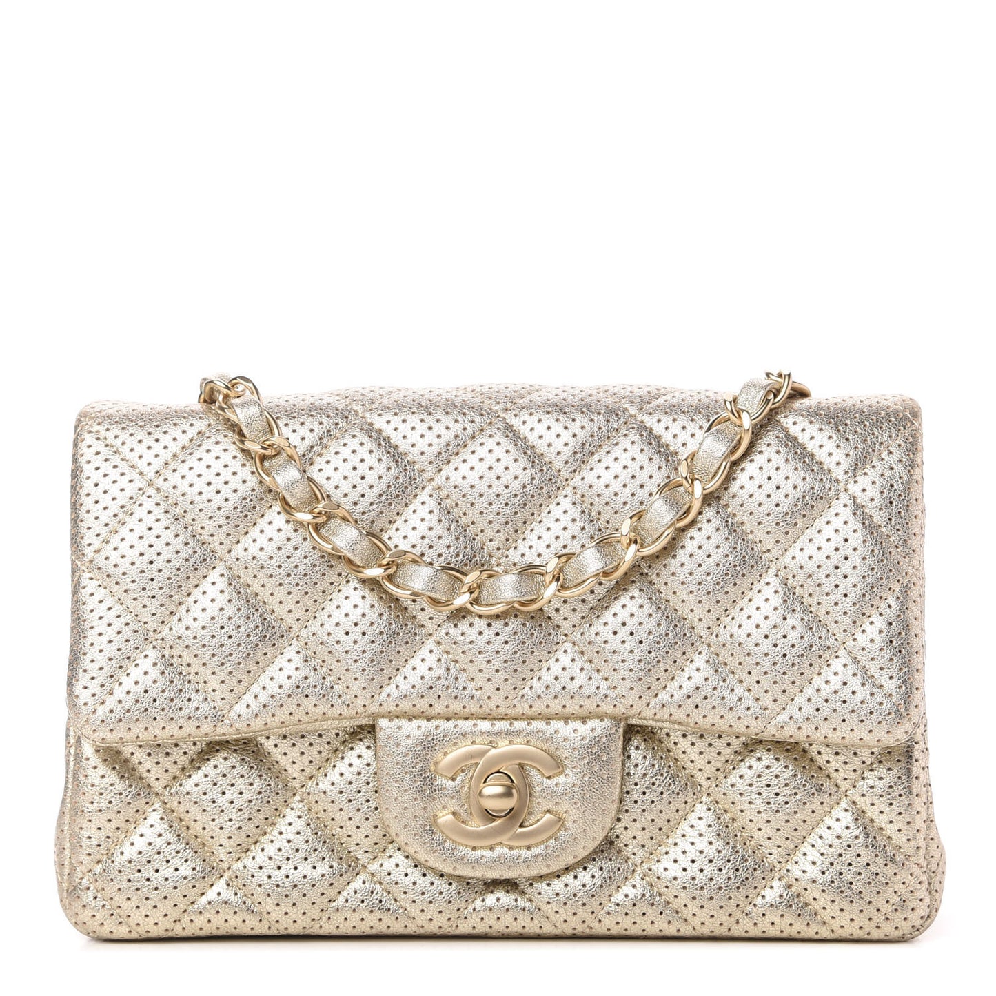 Metallic Lambskin Perforated Mini Rectangular Flap Light Gold