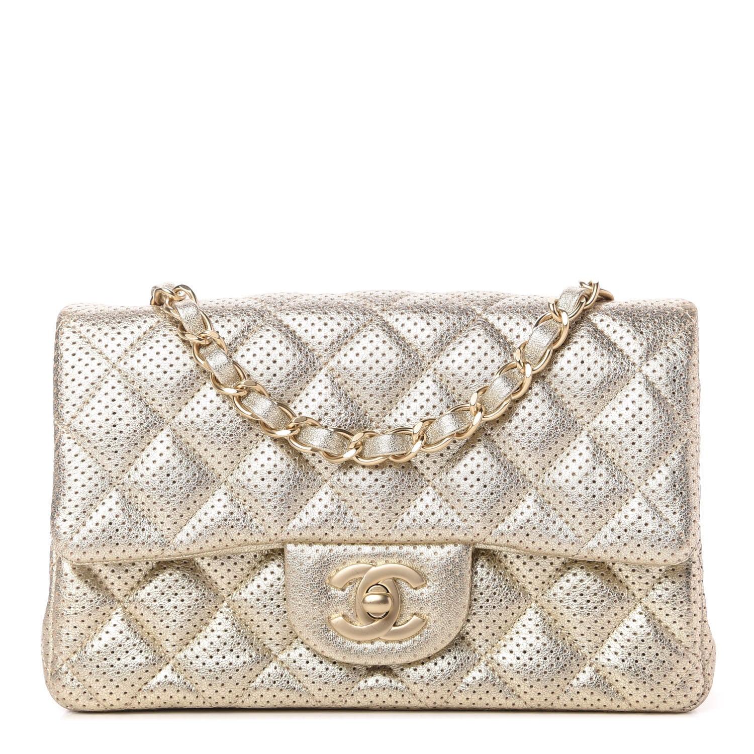 Chanel Metallic Lambskin Perforated Mini Rectangular Flap Light Gold 1 of 10