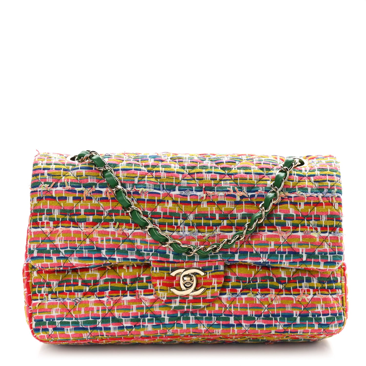 Chanel Tweed Quilted Medium Double Flap Green Multicolor 1 of 10