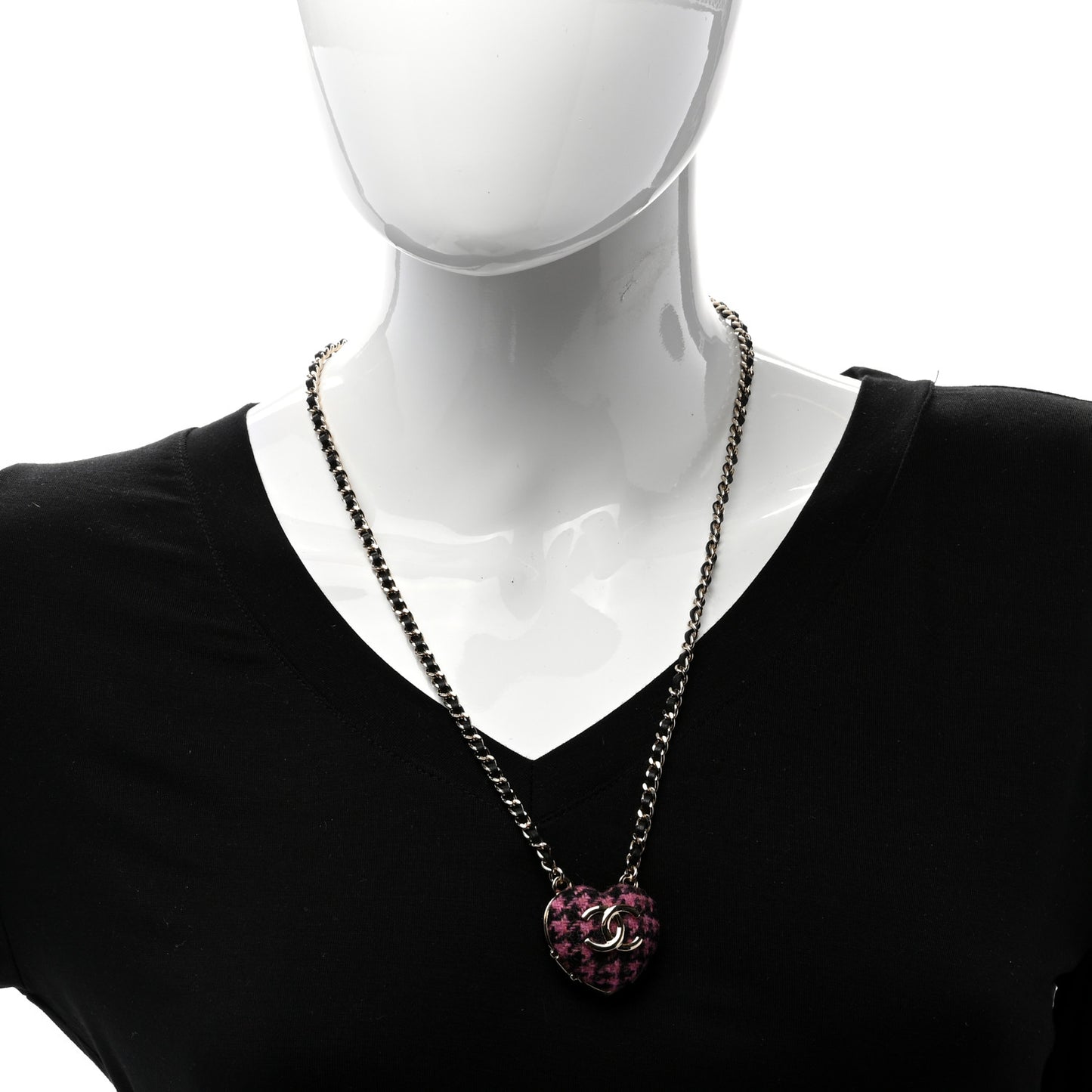 Lambskin Tweed CC Locket Pendant Necklace Black Pink Gold