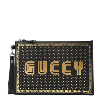Gucci X SEGA Calfskin GUCCY Stars Zip Wristlet Pouch Black Gold 1 of 7