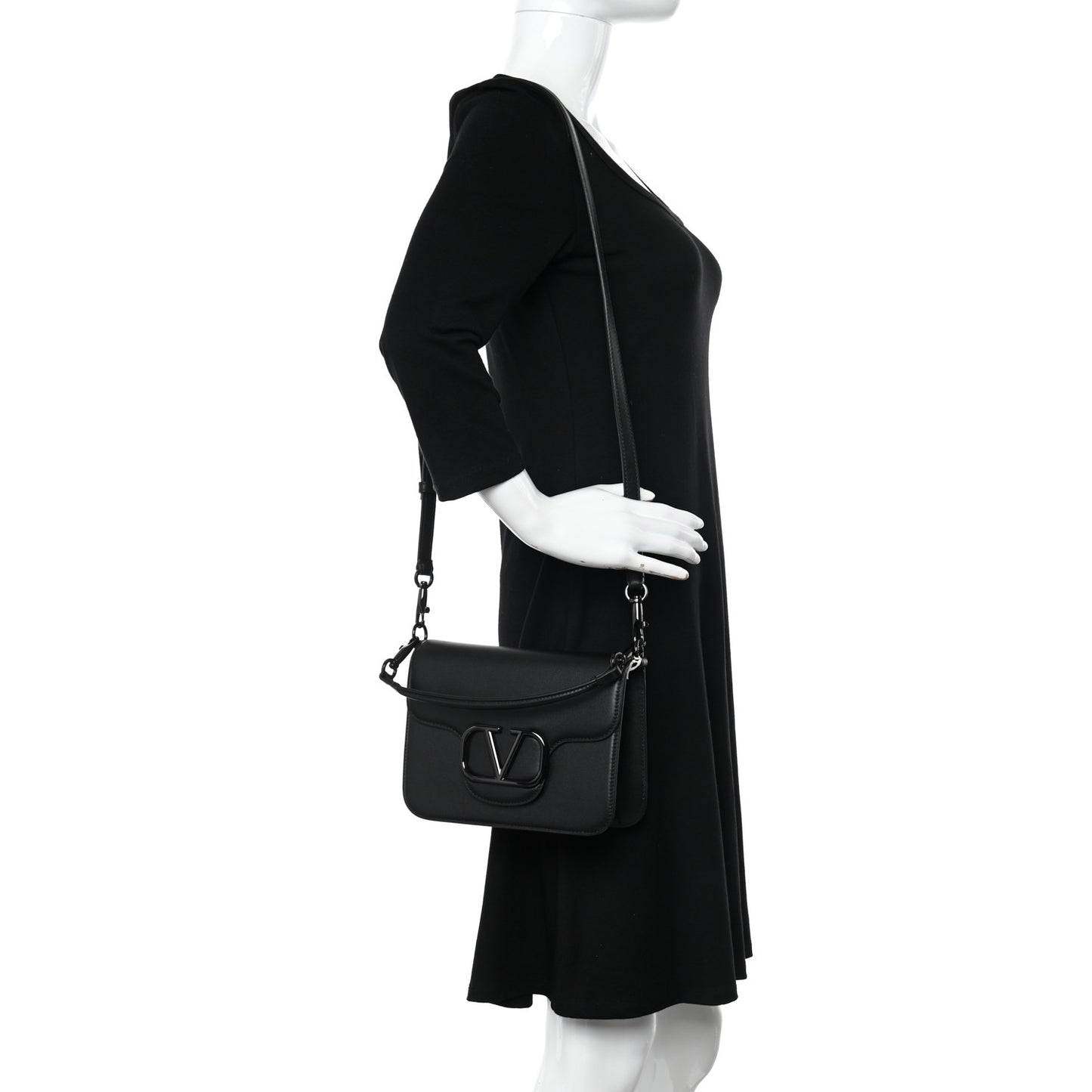 Calfskin Monochrome VLogo Loco Flap Shoulder Bag Black