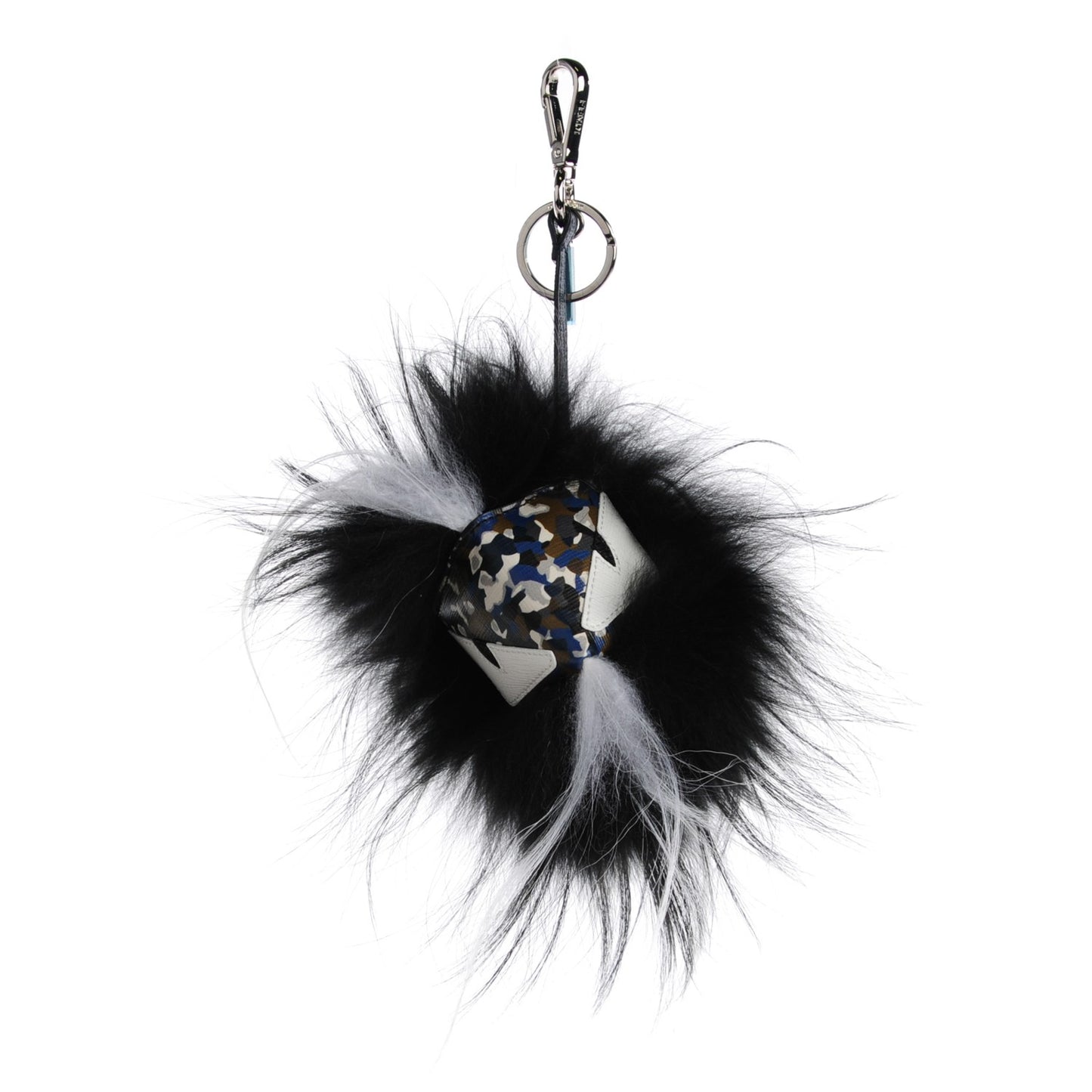 Vitello Elite Fox Goat Fur Granite Monster Bag Bug Cube Charm Military Denim Multicolor