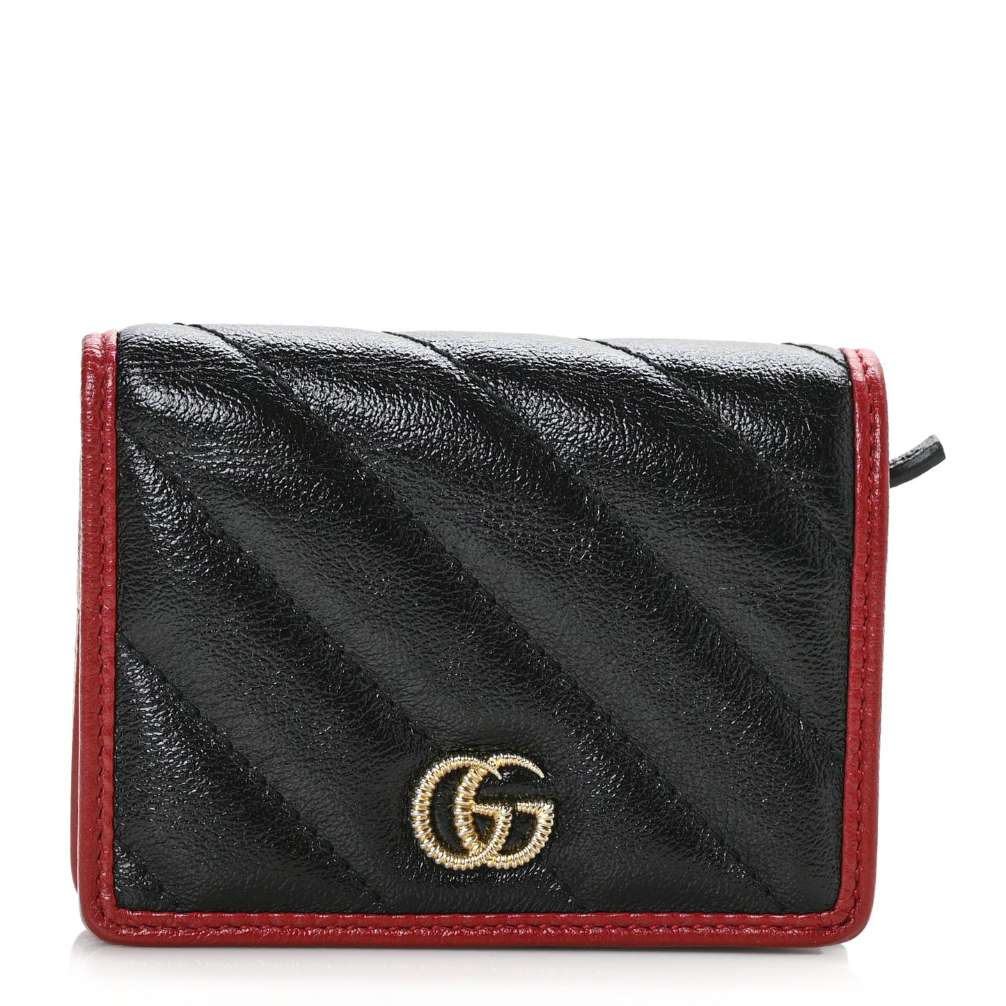 Vintage Effect Calfskin Matelasse Diagonal Torchon GG Marmont Card Case Wallet Black Romantic Cherry
