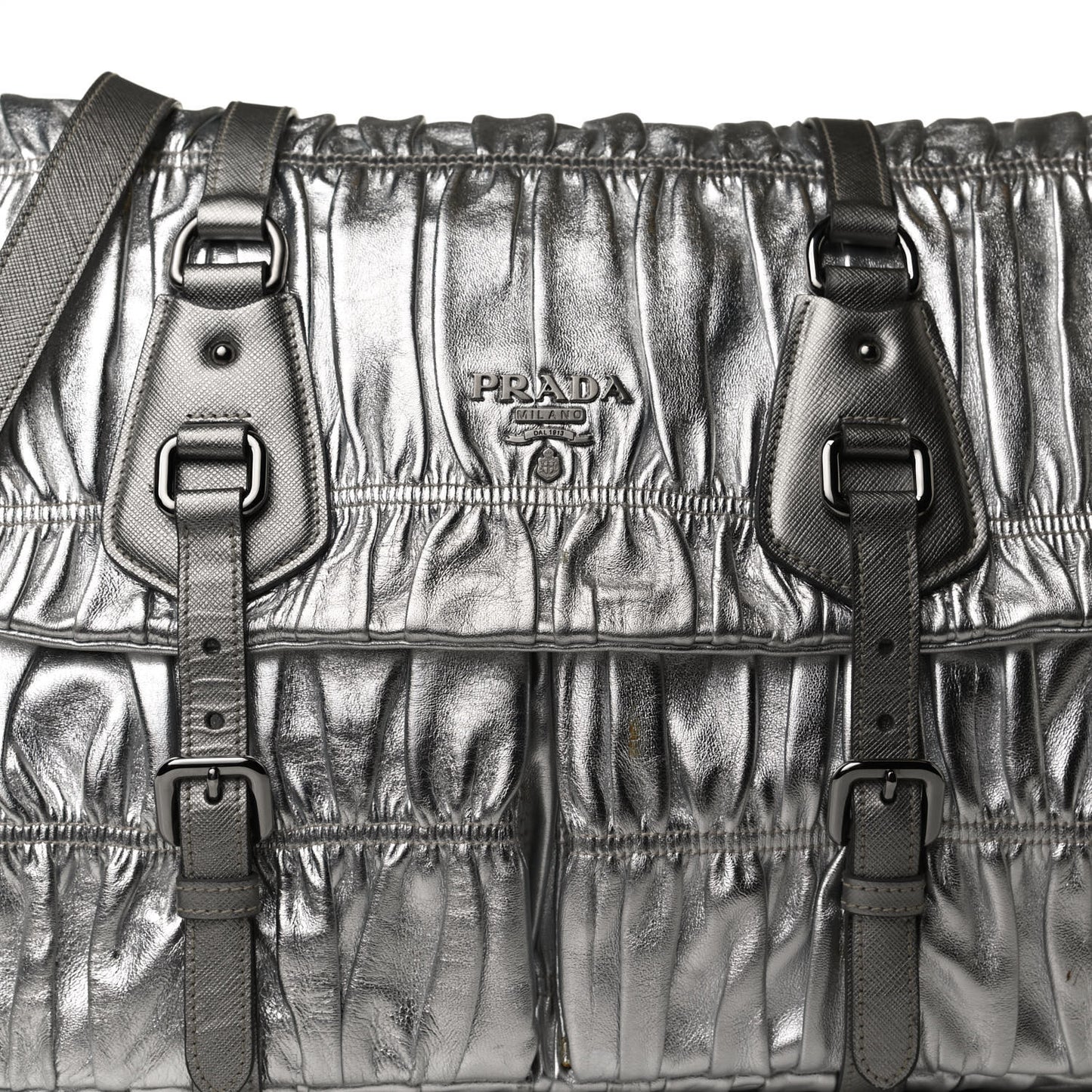 Metallic Nappa Gaufre Messenger Tote Silver